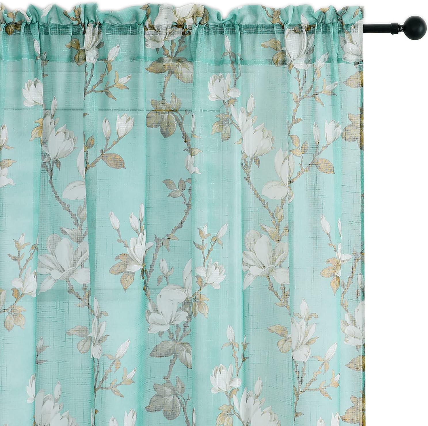 SMILE WEAVER Turquoise Sheer Curtains 45 inch Length 2 Panels for Living Room,Floral Semi Sheer Curtain-Rod Pocket Voile Linen Textured Privacy Light Filtering Window Drapes for Bedroom