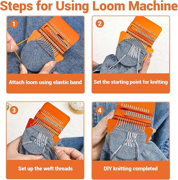 Knit Patch Kit, Speedweve Style Darning Loom, 24 Color Threads & Exclusive 4-Page Stitch Guide Book, KnitPatch Mending Kit for Beginners, Visible Mending Tool for Jeans Socks Sweaters (14 Hooks)
