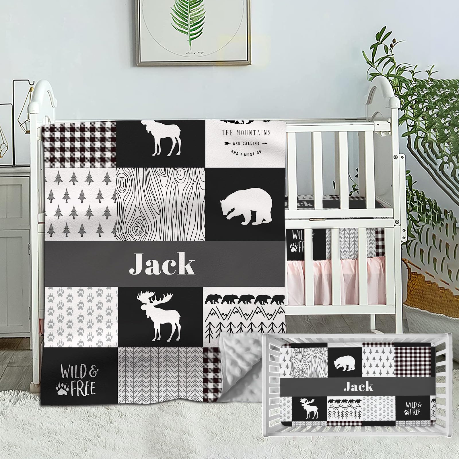Munific Custom Baby Bedding Sets for Baby Boys, Personalized Baby Bedding Set with Name, Woodland Deer Bear Nursery Bedding, 2 Piece Boy Girl Bedding Sets, Name Comforter, Fitted Sheet for Babies