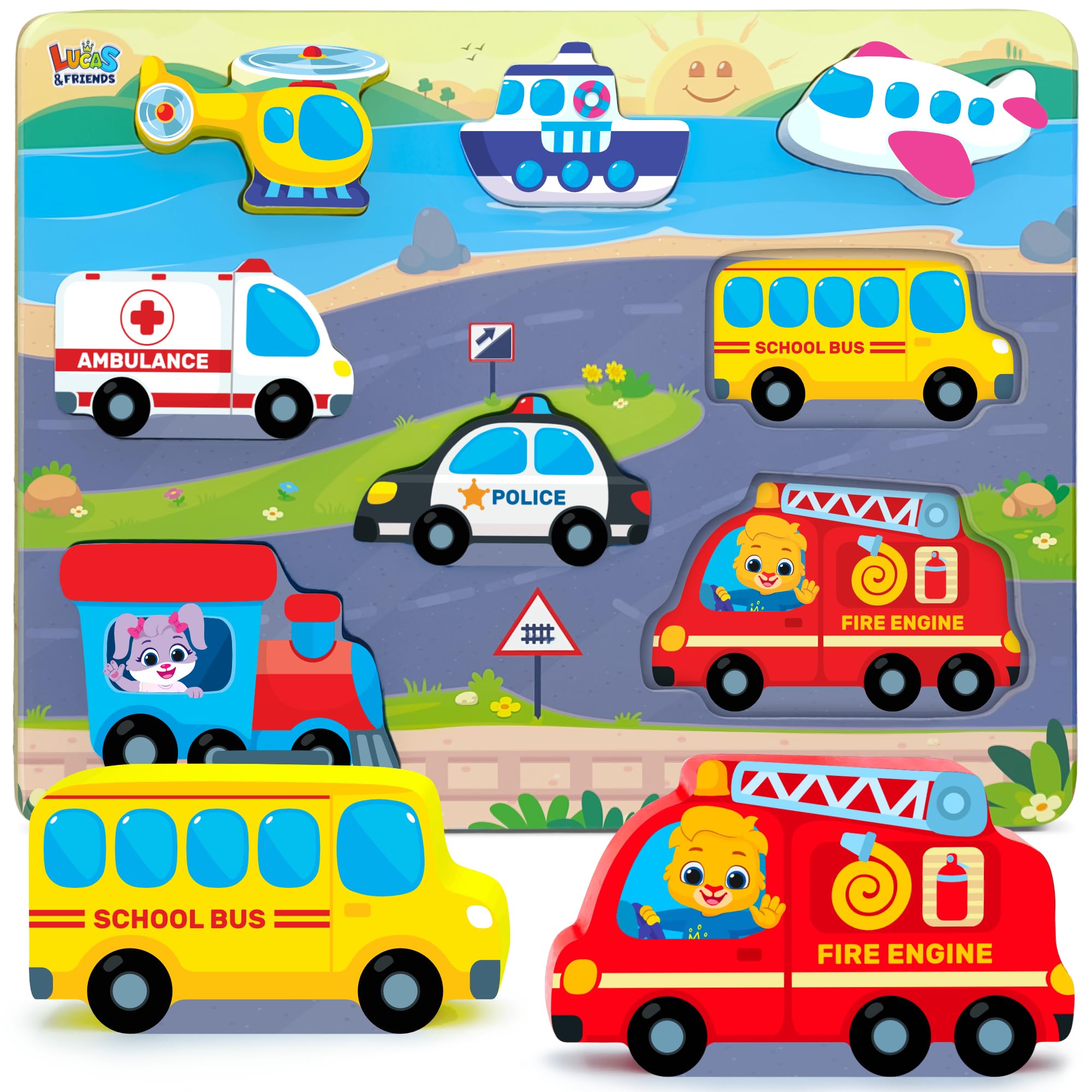 Jumbo Wooden Puzzles, Vehicle Puzzles Toys for Toddlers 2-4, Learning Educational Toys for Toddler 2 3 4 Years Old Boys & Girls As Gifts, Montessori Puzzle Board for Baby and Kids by Lucas & Friends