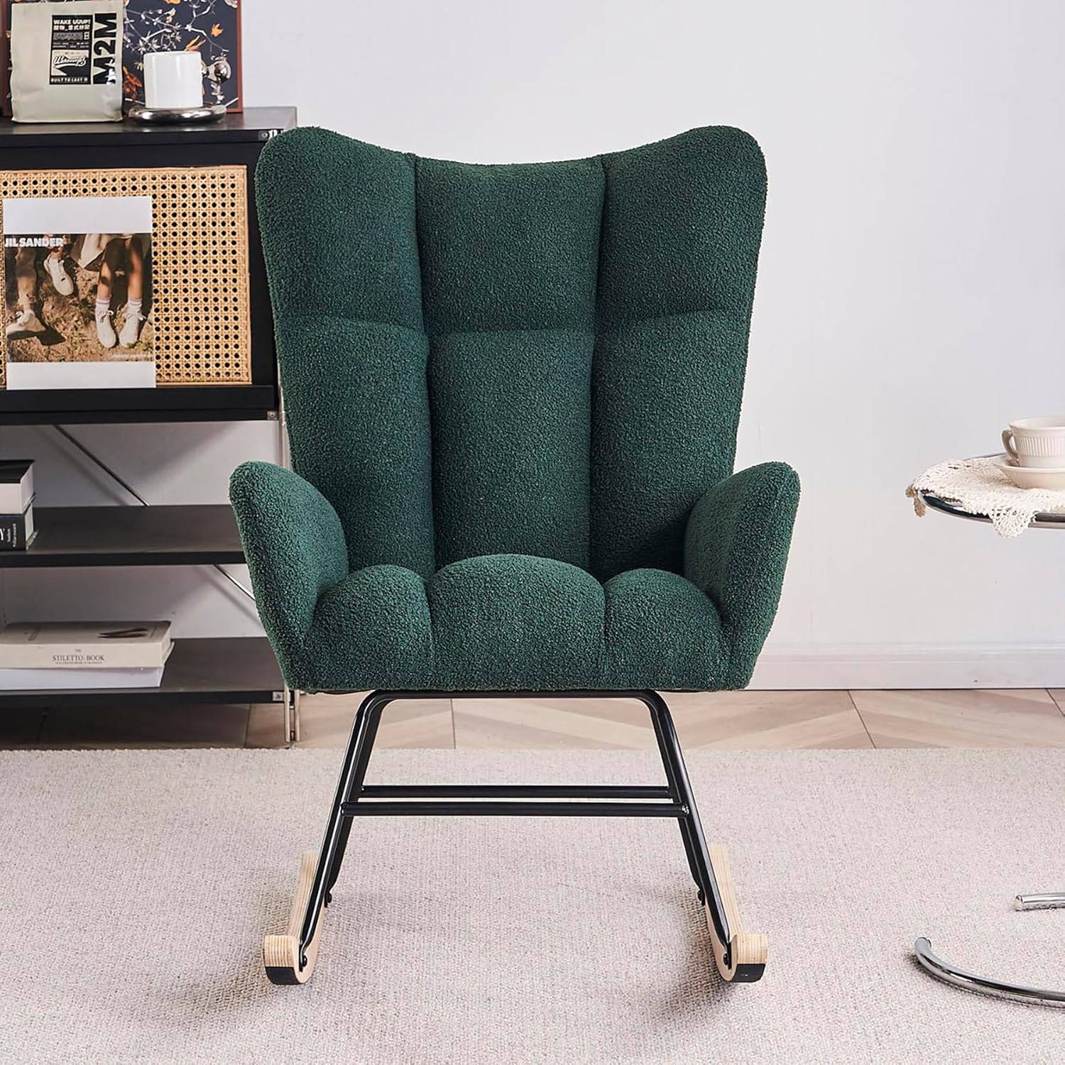 Rocking Chair for Nursery, Comfy Rocking Chair Nursery with High Backrest and Soft Seat, Modern Upholstered Glider Rocking Chair, Teddy Nrsery Chair for Living Rooms, Bedrooms, Offices (Emerald)