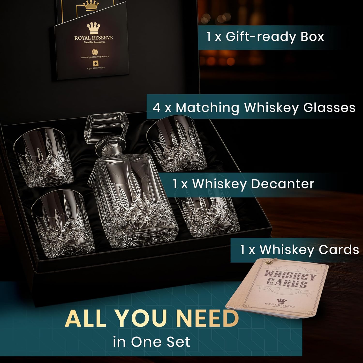 Whiskey Decanter Set by Royal Reserve - Crystal Liquor Bourbon Decanter 24oz 700ml with 4 Glasses in Magnetic Box - Gifts for Men - Image 6