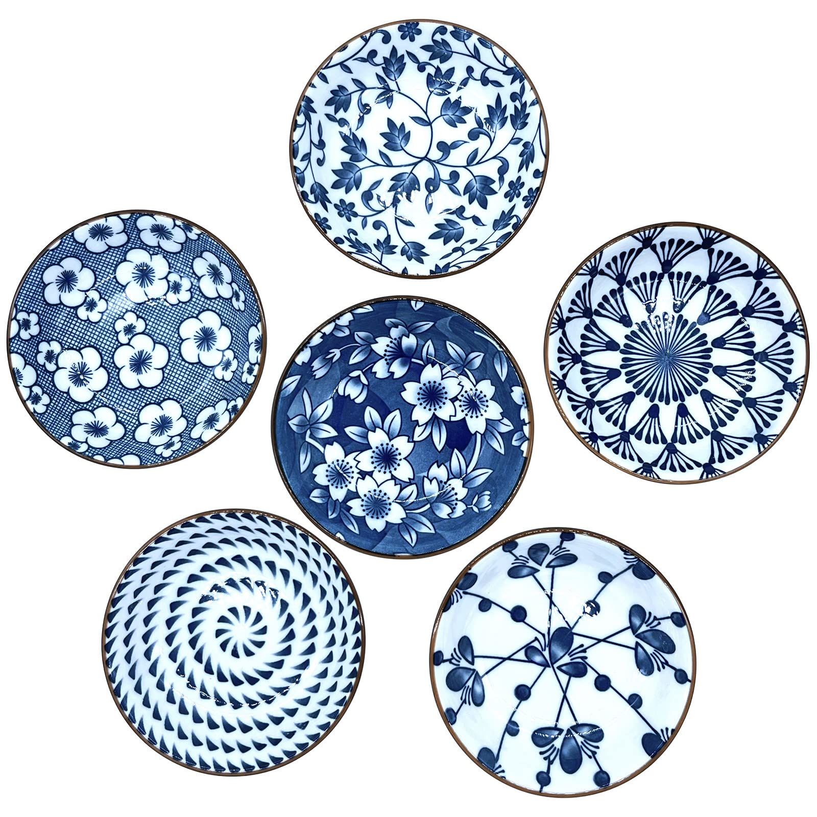 AnBnCnJapanese Dish Set Porcelain Appetizer Plates,Soy Sauce Dishes,3 oz Blue and White Pinch Bowls for Kitchen Prep - Set of 6 (mixed Pattern)