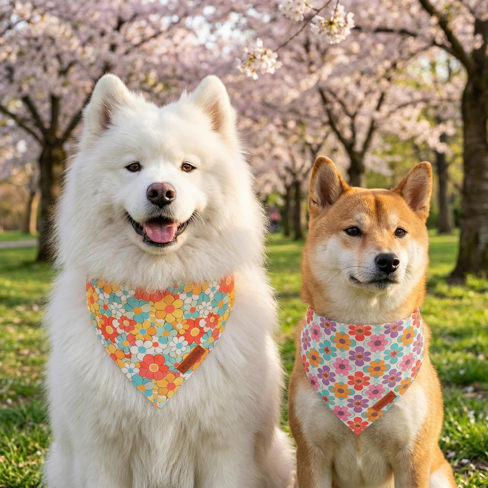 PTDECOR Hundehalstücher mit Frühlingsblumen, 2 Stück, hochwertiger strapazierfähiger Stoff, Dreiecksblumen-Halstücher für mittelgroße und große Hunde, Haustiere (groß)
