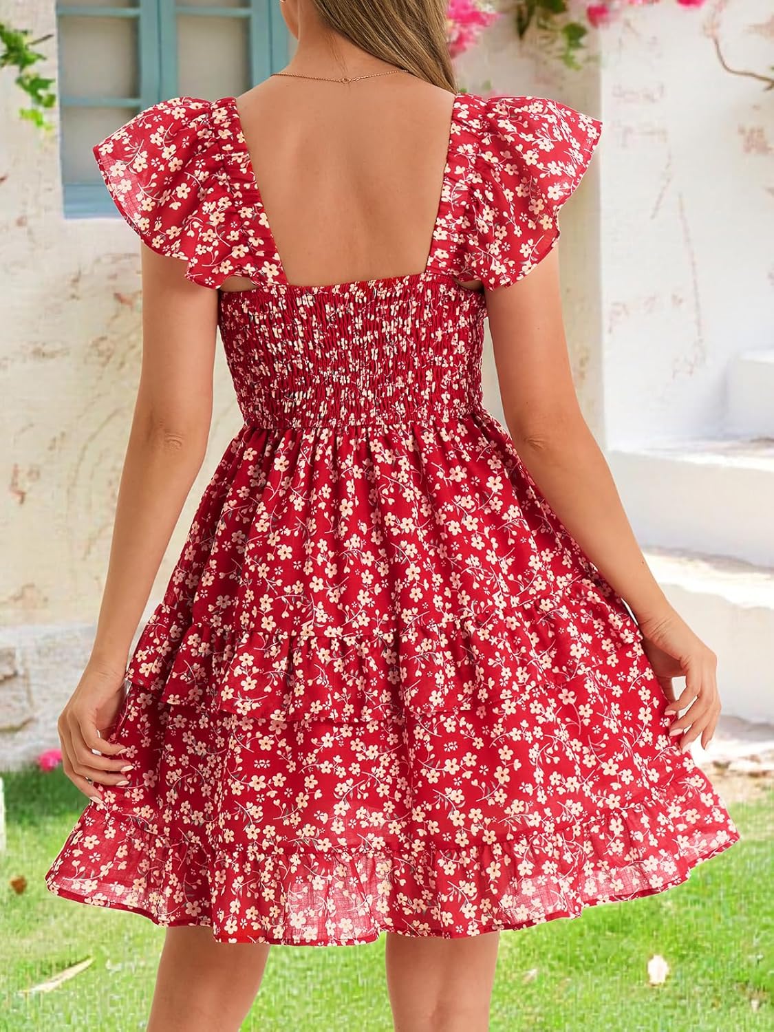 Women Summer Dresses Casual Boho Smocked Ruffle Sun Beach Babydoll Mini Dress Layered Flowy Swing Dress - Image 5