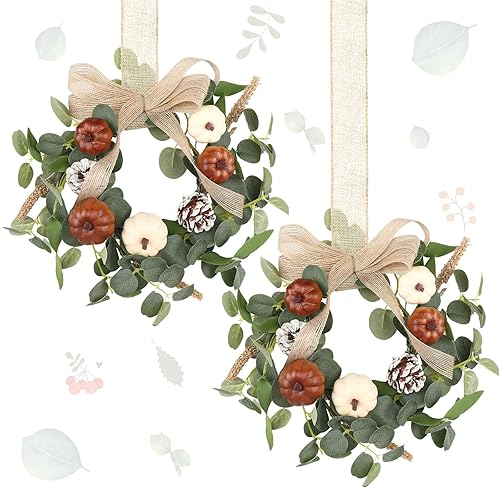 Syhood 2 Pcs 9" Mini Fall Wreath Small Pumpkin Cabinet