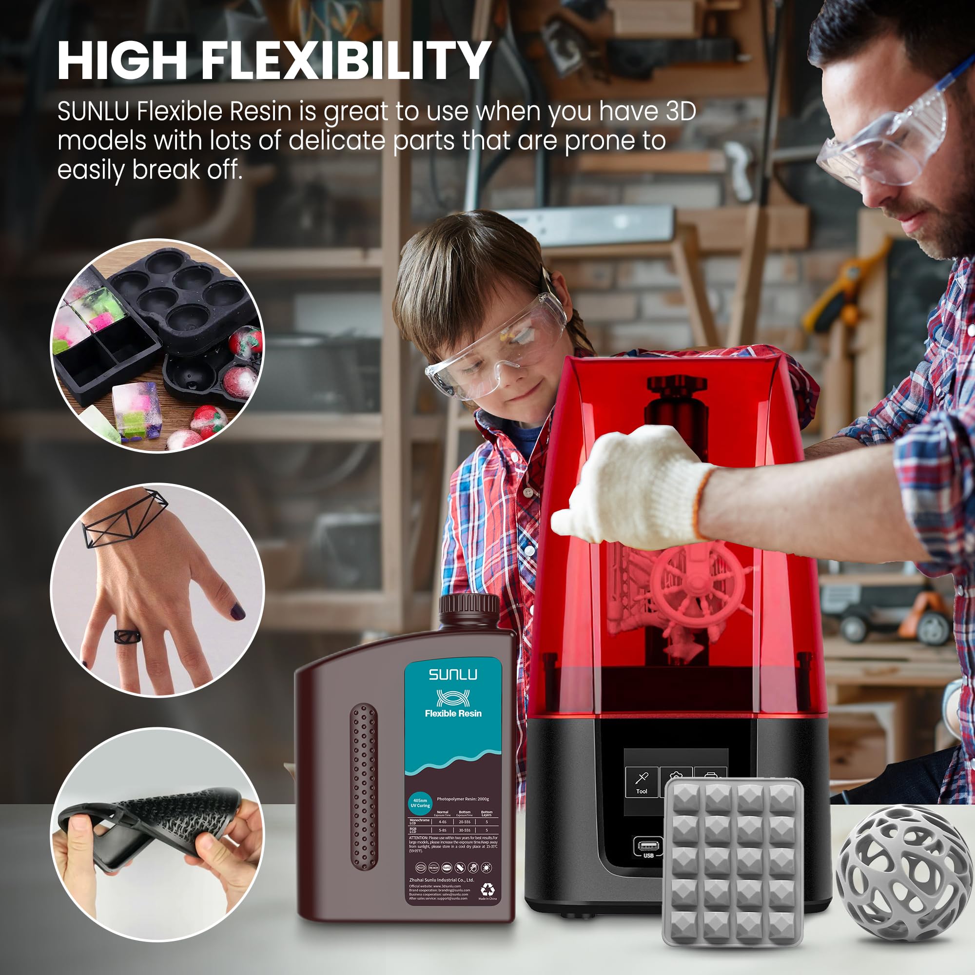 SUNLU Resina flexible para impresora 3D 2kg, resina de impresión 3D 66A, para imprimir artículos flexibles y flexibles, flexibles y no frágiles, resina fotopolímero UV de secado rápido de 405 nm.