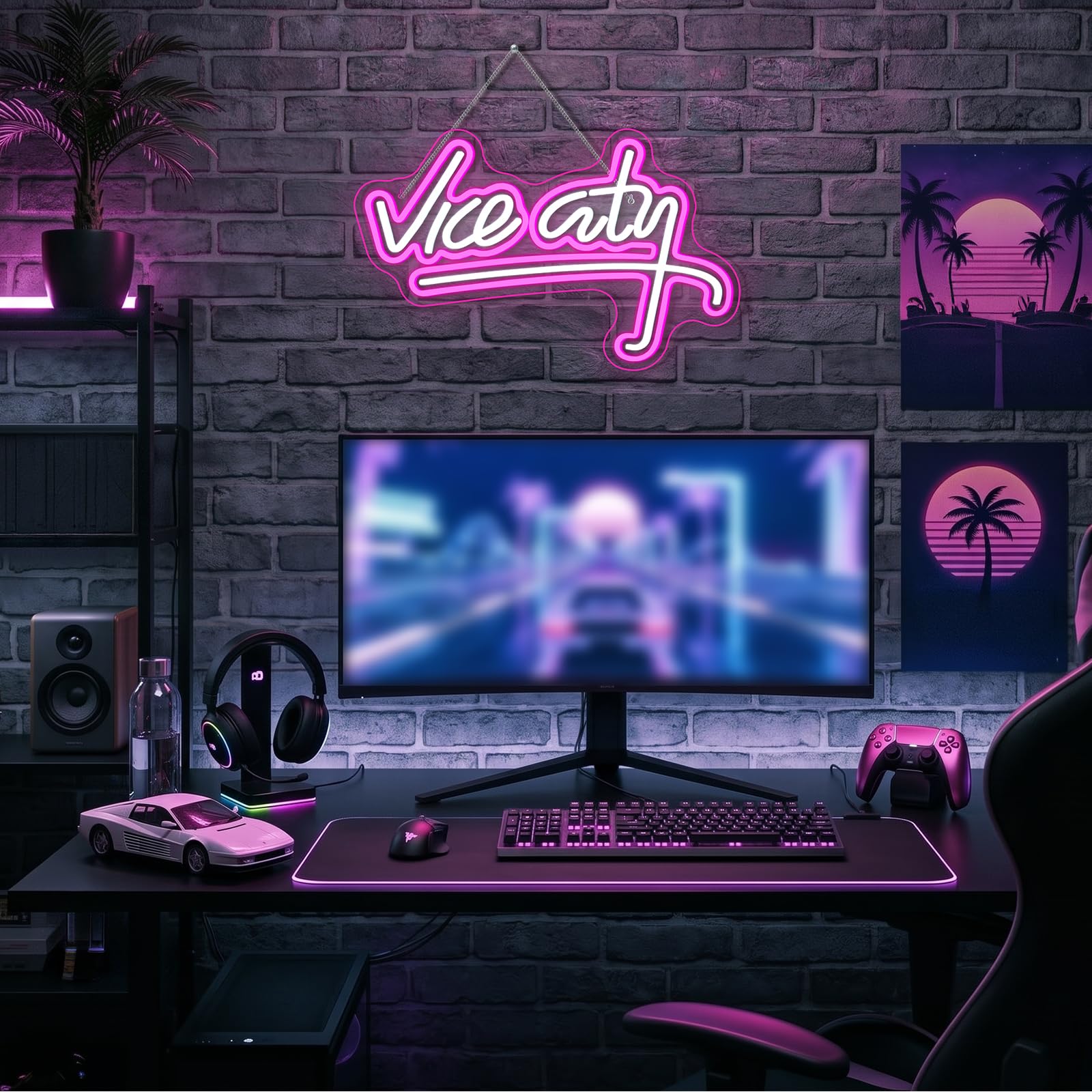 Vice City - Letrero LED rosa para decoración de pared de dormitorio, letra de neón alimentada por USB, para sala de juegos, bar, cueva de hombre, zona de juegos (18.5 x 11.4 pulgadas)