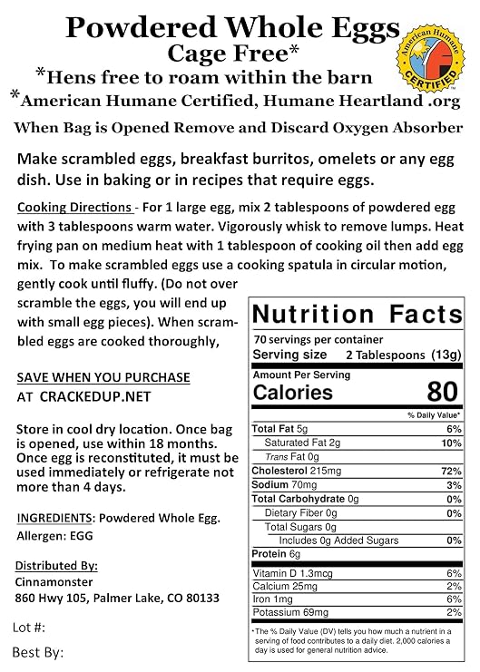 4 POUNDS (64 OZ), Mylar Bags, Long-Term Storage,140 Servings, Cage-Free Whole Eggs, 2-Pack, USDA Licensed, Freshest Eggs, Made in the USA, Makes 140 Large Eggs, 1 INGREDIENT, NON GMO, ALL NATURAL