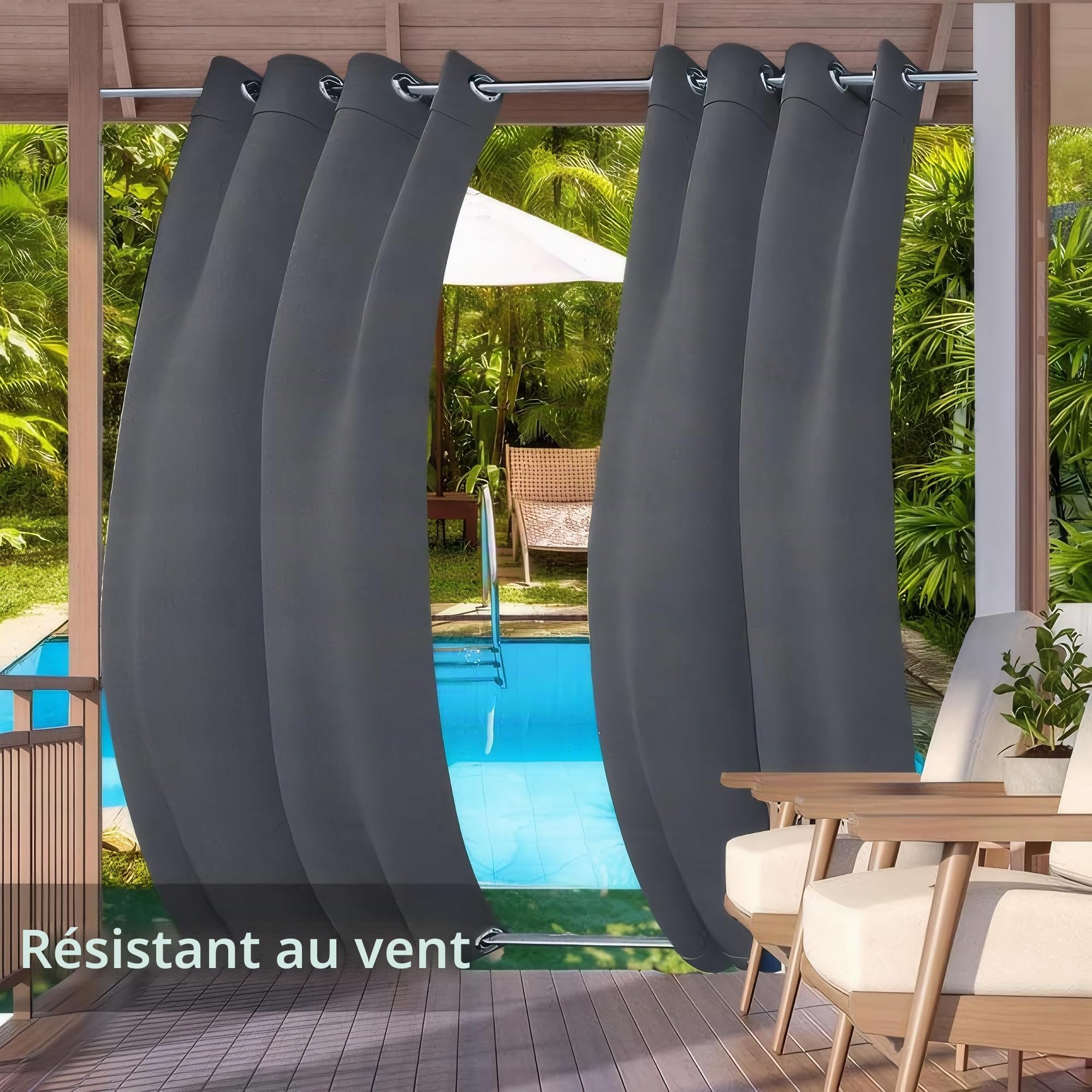 Rideau Exterieur Terrasse,imperméables,Coupe-Vent,Rideau Pergola Extérieur Occultants à Double œillet à Isolation Thermique pour tonnelle de Porte de Jardin,Gris foncé,2 pièces|254x213cm(LxH)