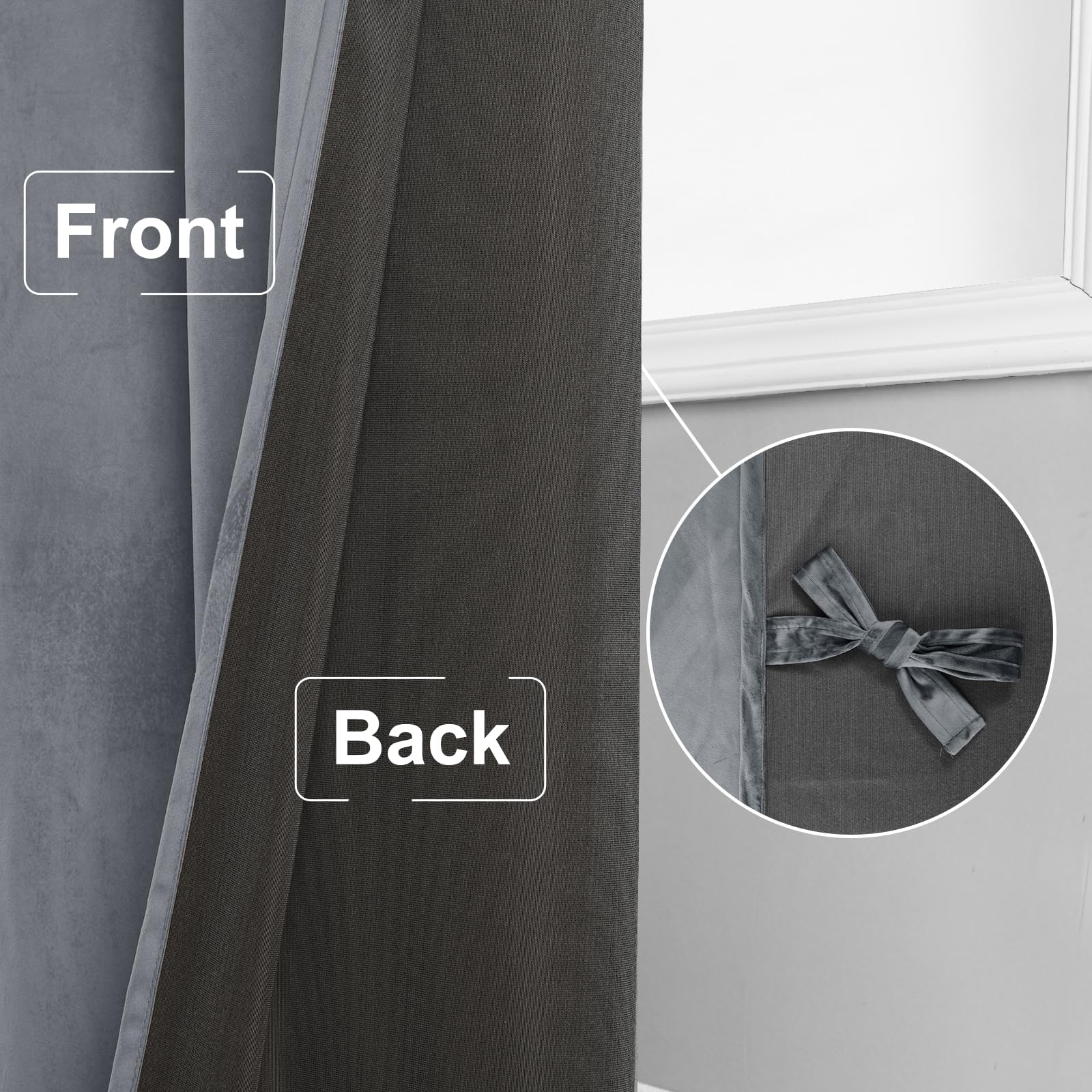 JIUZHEN Graue Samtvorhänge für Schlafzimmer, wärmeisoliert, Raumverdunkelungsvorhänge für Büro/Schrank, Set mit 2 Paneelen mit Raffhaltern, 106 x 213 cm (B x L)