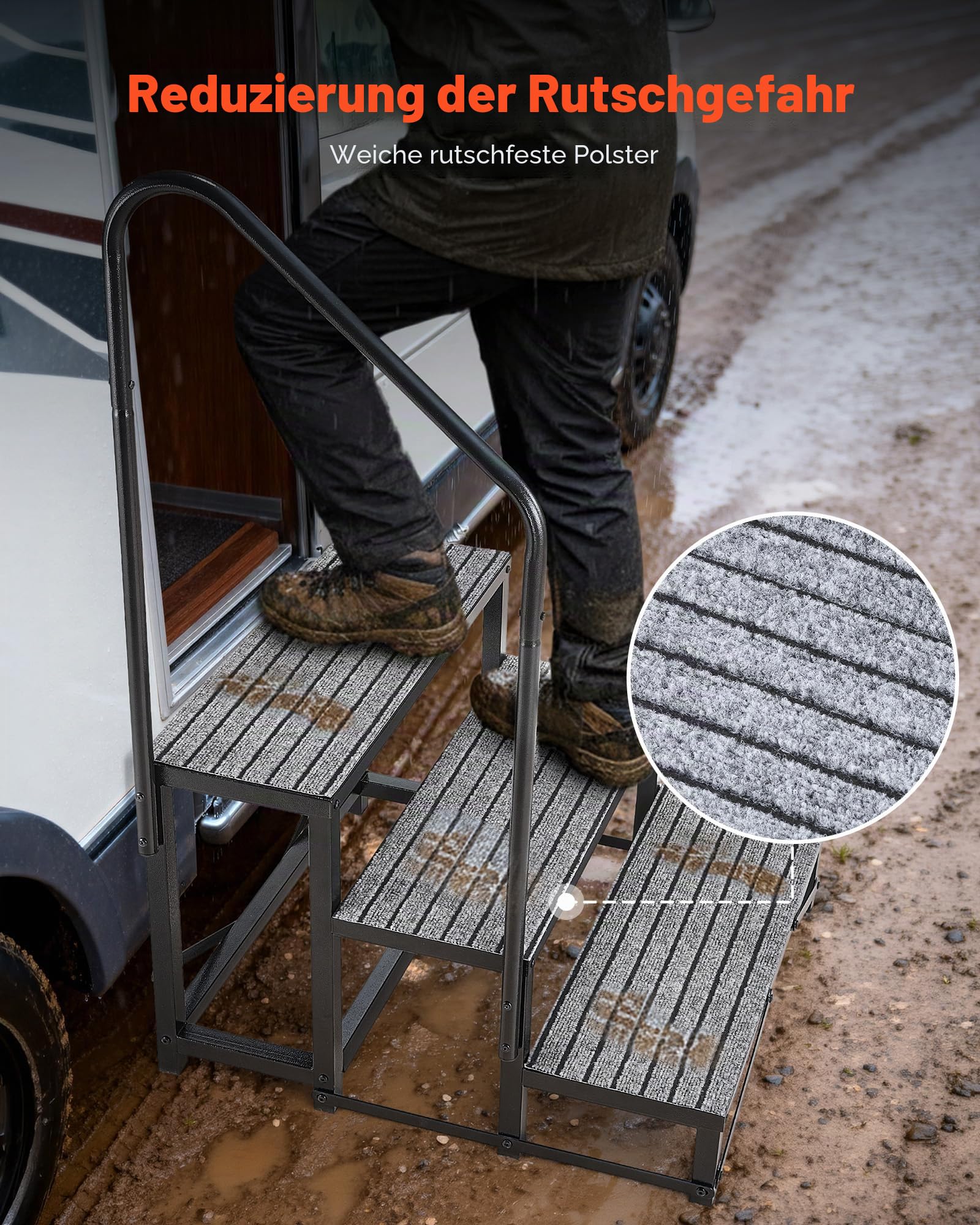VEVOR RV Treppe mit Handlauf, 3-stufige Tragbare Standtreppe mit 299,38 kg Tragkraft rutschfeste Trittstufe für Camper Mobilheime Pool und Spa Robuste Außentreppe Ideal für Senioren und Haustiere