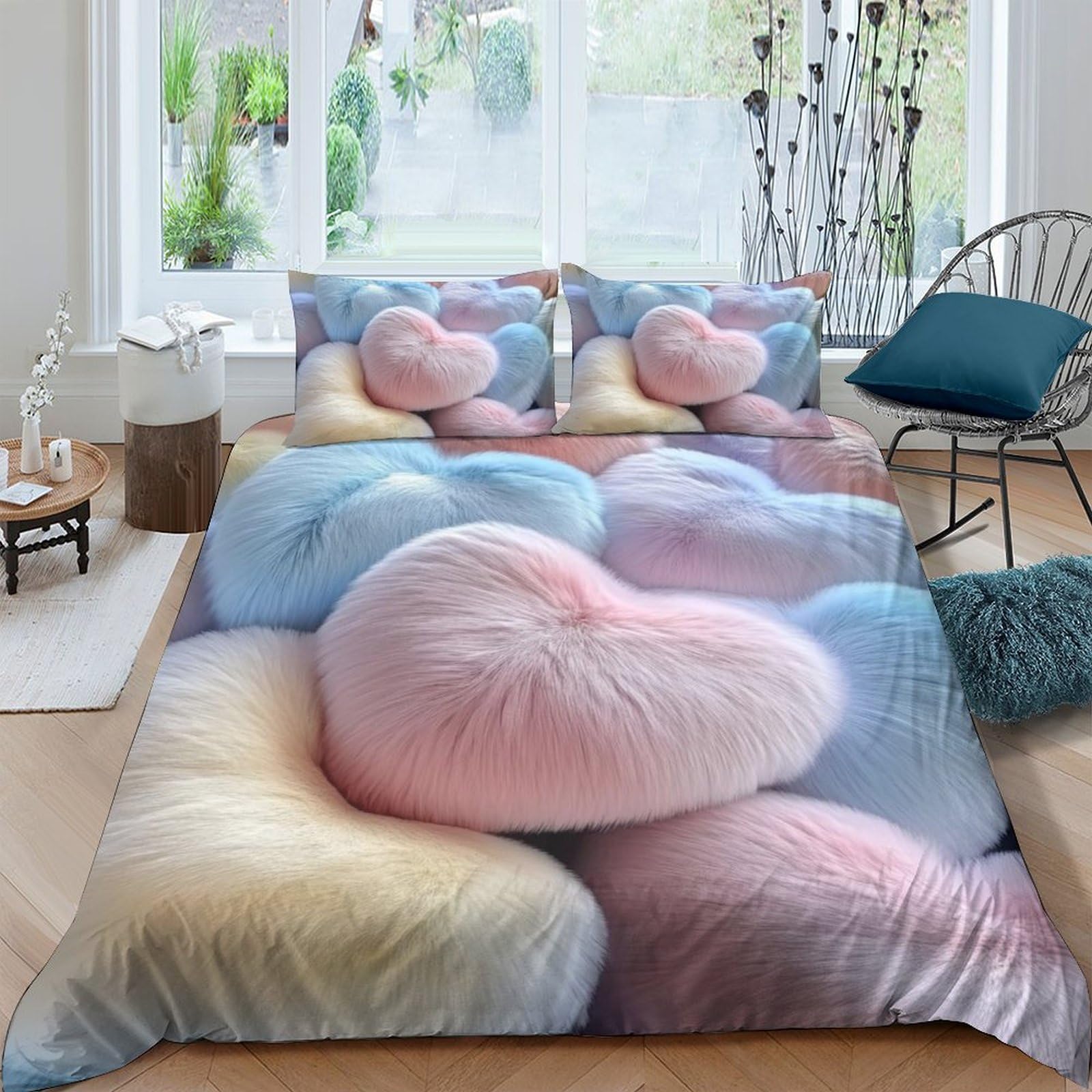P5V6M1Q9 3D Printed Pastel Heart Duvet Cover Set Microfiber Soft Breathable Candy Cloud Quilt Cover with 2 Pillowcases for Bedroom Decor Single（135x200cm）
