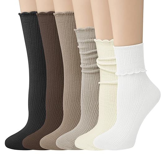 Justay 6 Pairs Womens Ruffle Socks Cute Frilly Crew Boot Casual Slouch Cotton Socks for Women Gifts - Black Beige Coffee Dark Brown Khaki White