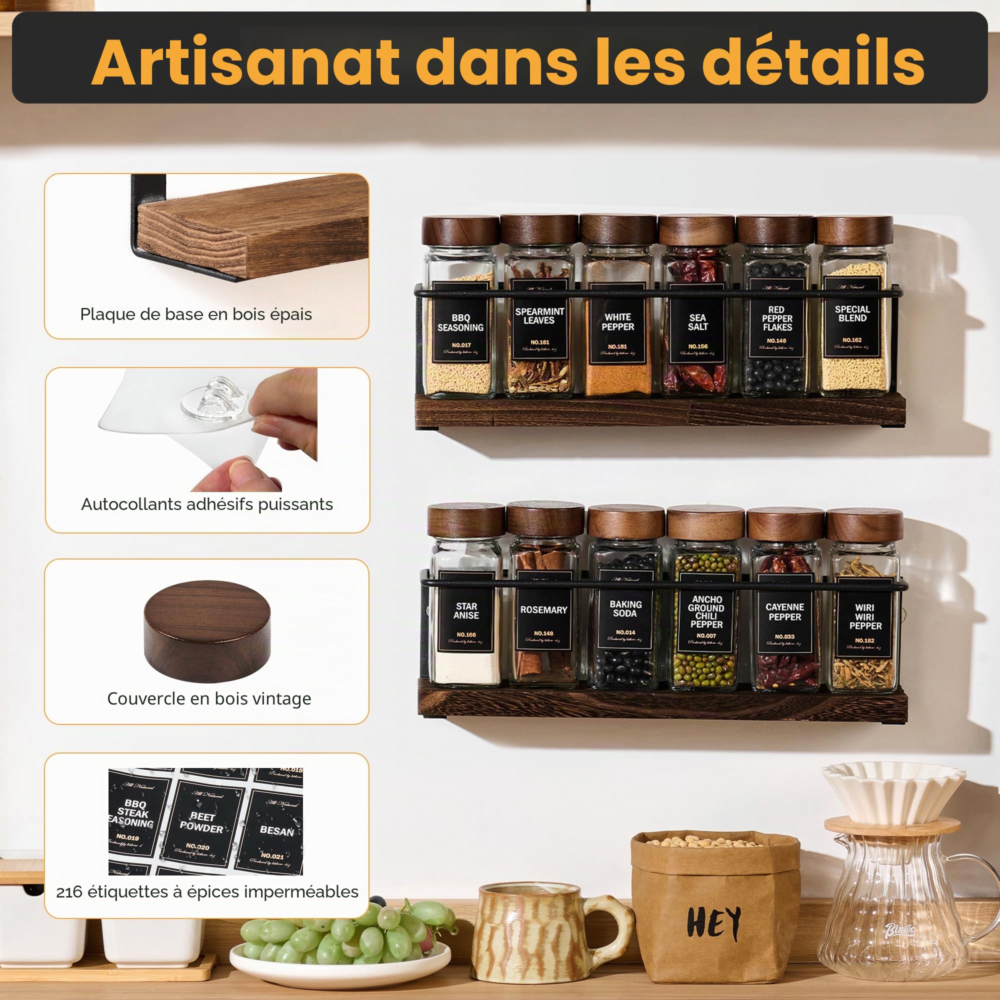 Étagère à épices murale à 2 niveaux avec 12 bocaux en verre, 216 étiquettes et entonnoir – Support à vis/adhésif, rangement à épices en métal noir et bois pour placard de cuisine, garde-manger