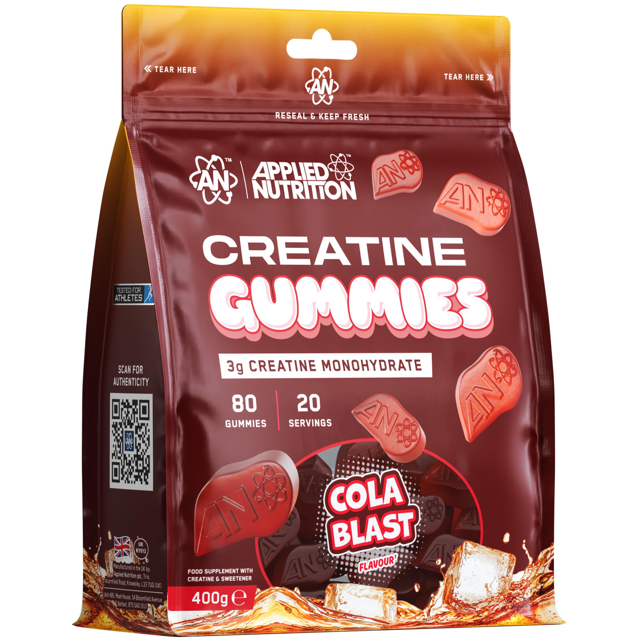 Applied Nutrition Creatine Gummies - 3000mg Creatine Monohydrate per Serving - 80 Chewable Vegan Gummies for Strength, Power & Recovery (20 Servings)