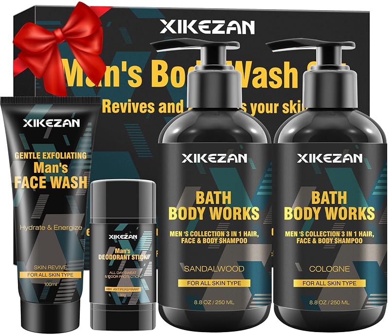 Conjunto de cuidados masculinos XIKEZAN com sabonetes líquidos 3 em 1, sabonete facial e desodorante, embalagem para presente