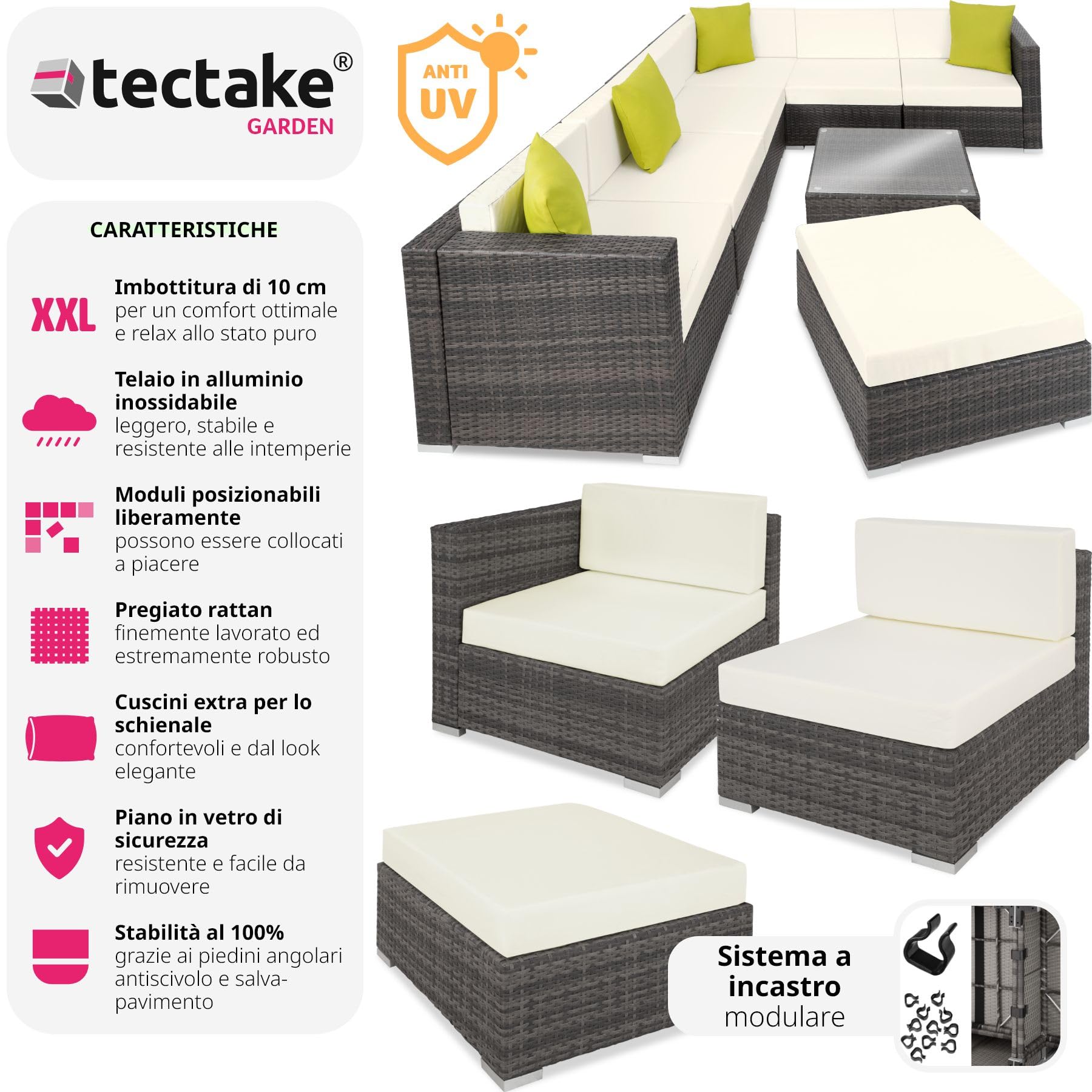 tectake® Set Lounge da Giardino Marbella in Polyrattan, Telaio in Alluminio, Tavolino Salotto con Ripiano in Vetro, Comode Poltrone, Cuscini Accessori Inclusi - Grigio