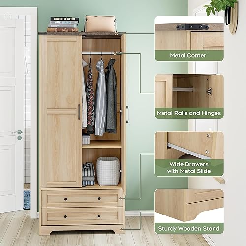 Vista 4 de Yechen Armario Ropero de Madera de 71" - Armario Ropero Closet Moderno Funcional para Ropa, Gabinete de Almacenamiento Alto con Estante Ajustable