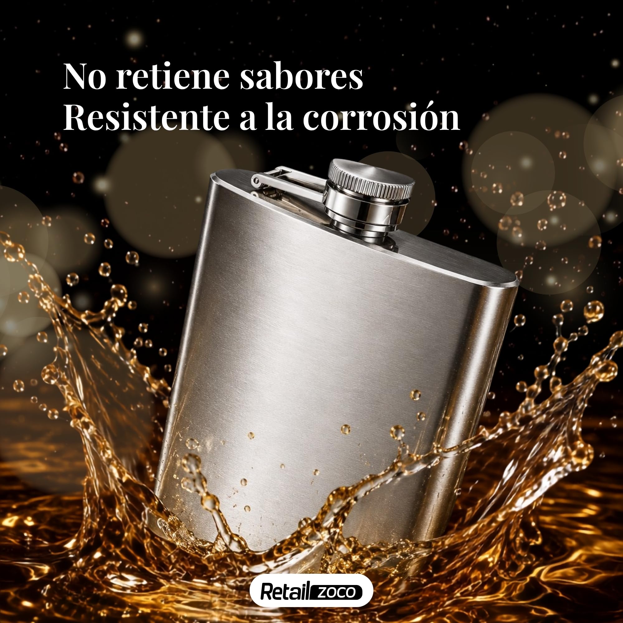 Petaca de acero, Frasco de licor, Petacas de Alcohol, Cantimplora de licor, Licorera portátil, Petaca de viaje, 9.5 cm x 13.5 cm, Capacidad 240 ml, Acero inoxidable - imagen 3