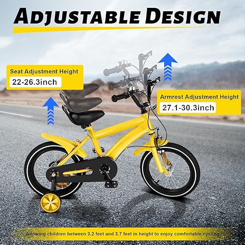 Miniatura 5 de ZERNEIL Bicicleta amarilla para niños de 14 pulgadas, bicicleta de ciclismo para niños y niñas, bicicleta para niños con ruedas de entrenamiento,