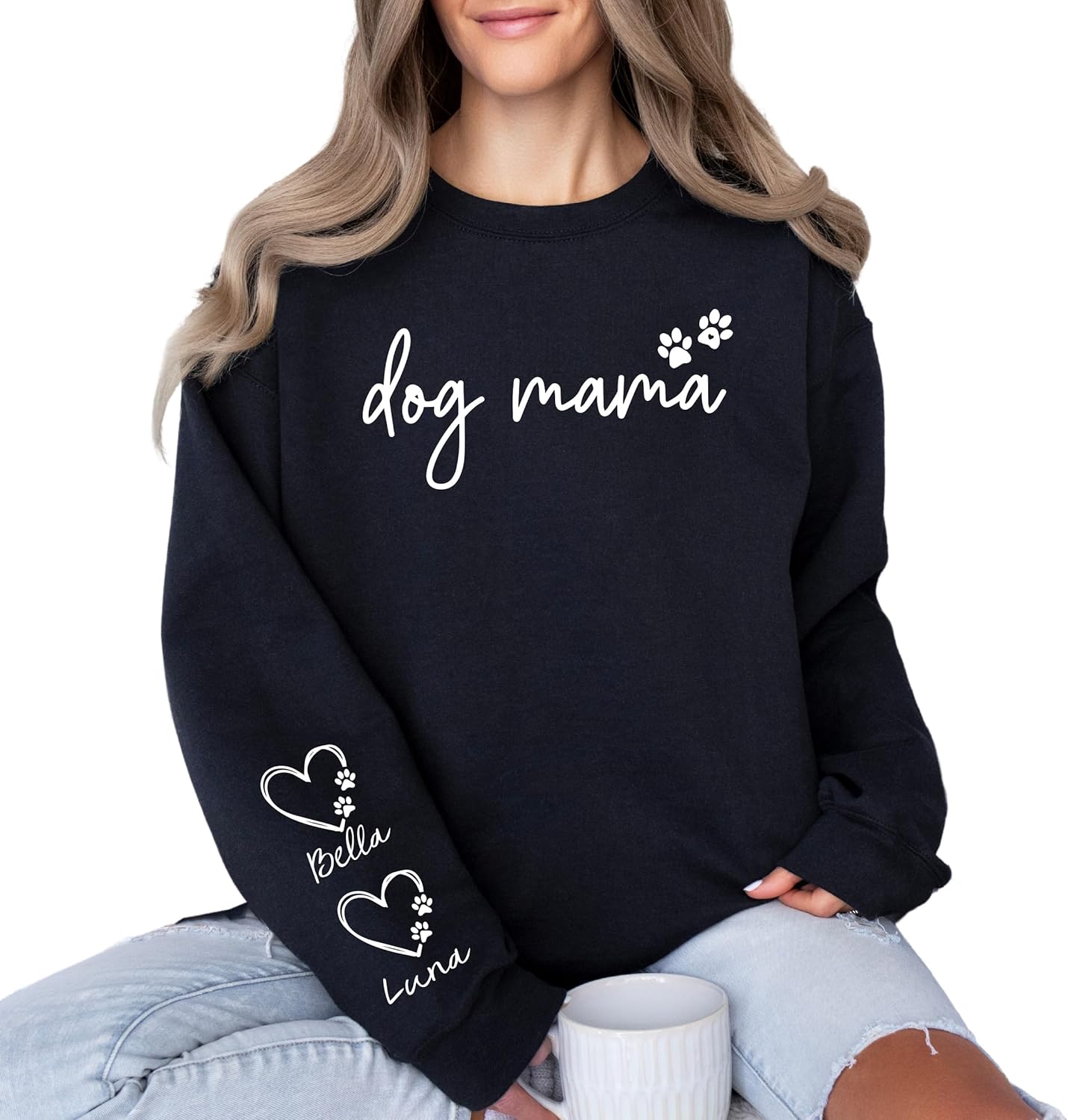 Custom Dog Mom Sweatshirt with Pet Name & Heart on Sleeve, Personalized Dog Mama Hoodie or Crewneck, Cute Women’s Sweatshirt for Pet Lovers - Image 3
