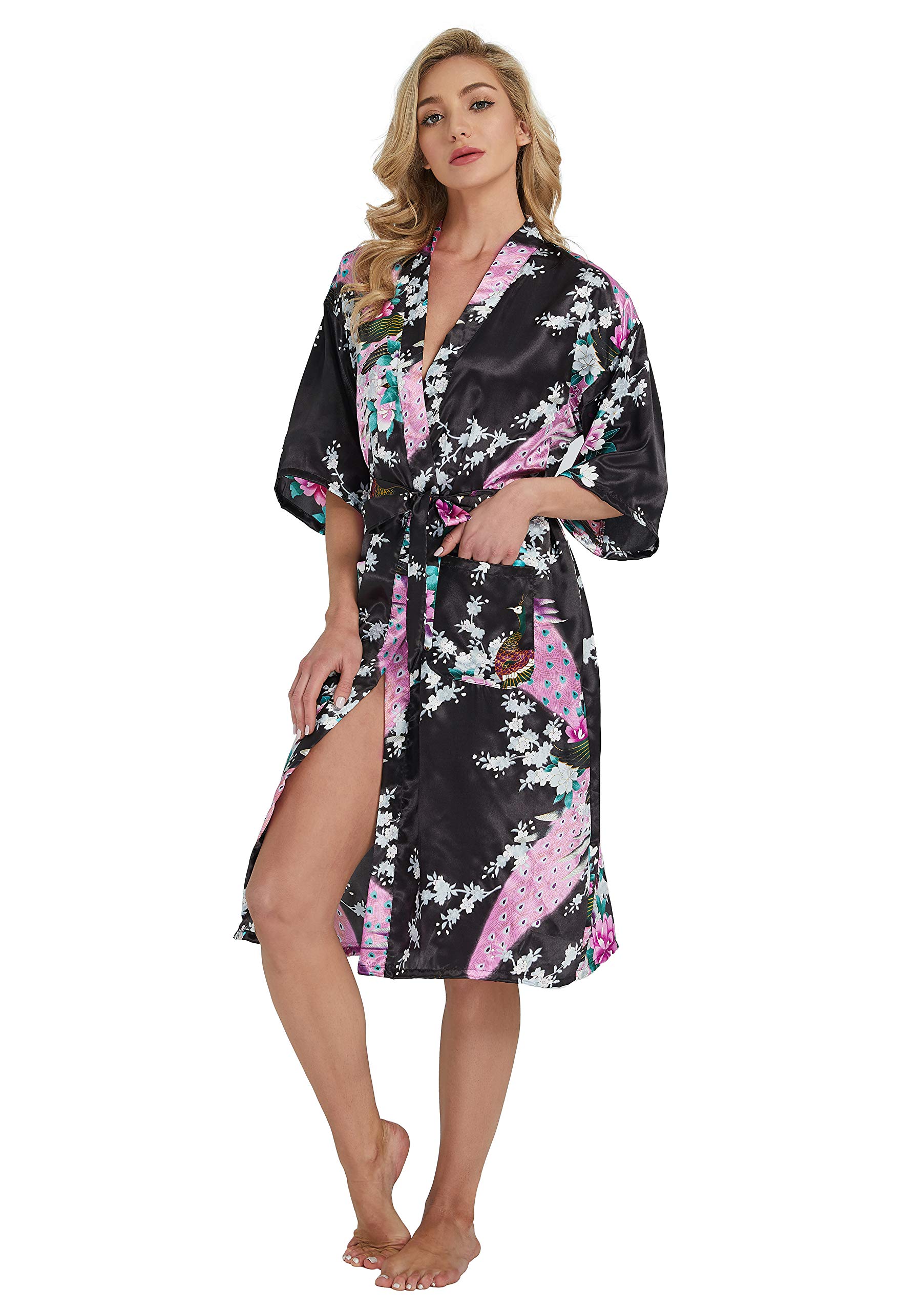 Westkun Kimono Japones Mujer Albornoz Vestido de Satén Pavo Real Novia Pijamas Largo Sexy y Elegante de Seda Bata Camisón Robe Lencería Cardigan