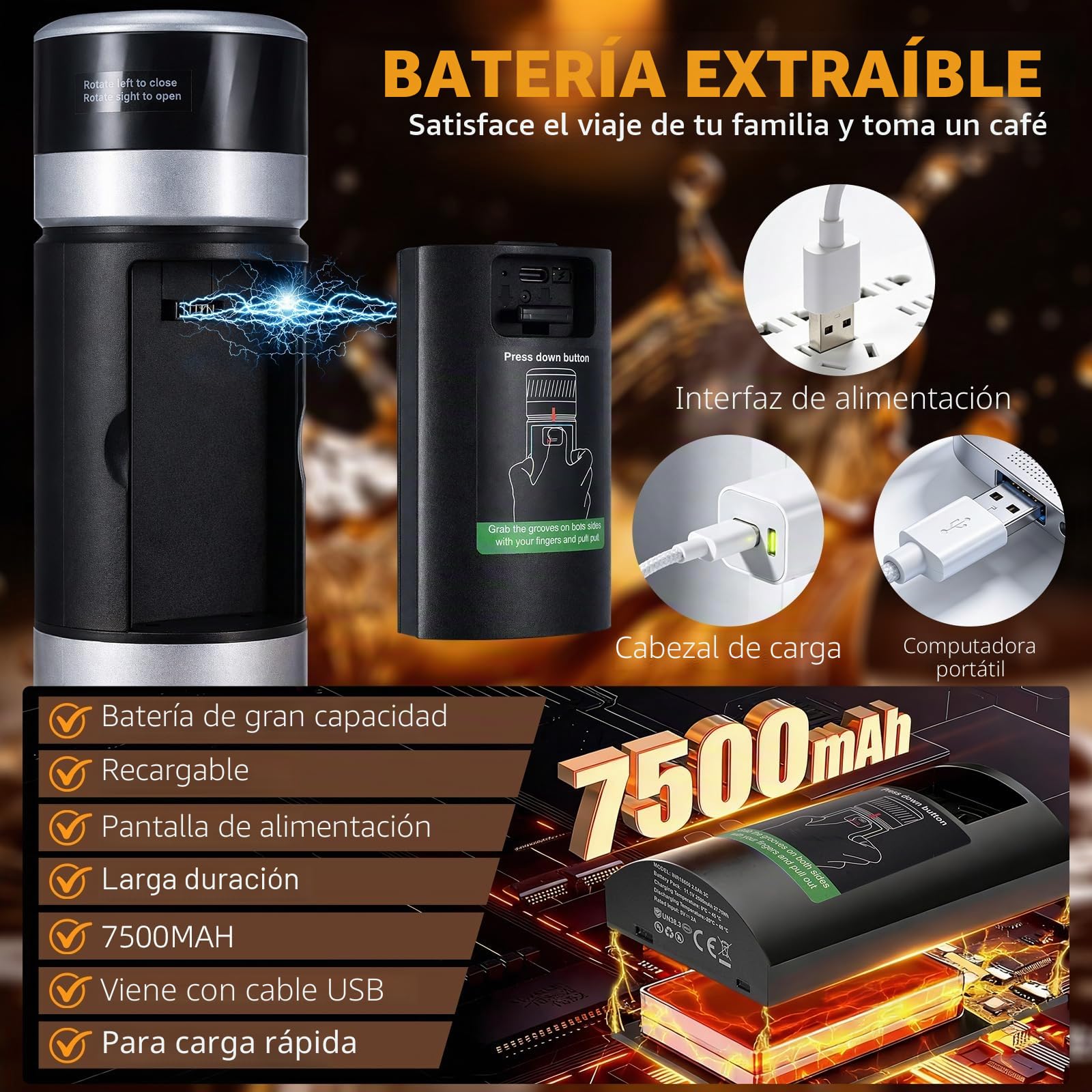 Cafetera Portátil 20 Bar, 3 en 1 Cafetera Espresso Eléctrica Portátil Maquina de Cafe Portatil Recargable Compatible con Cápsulas Pequeñas/Grandes y Café Molido para Viajes Acampada Oficina y Hogar