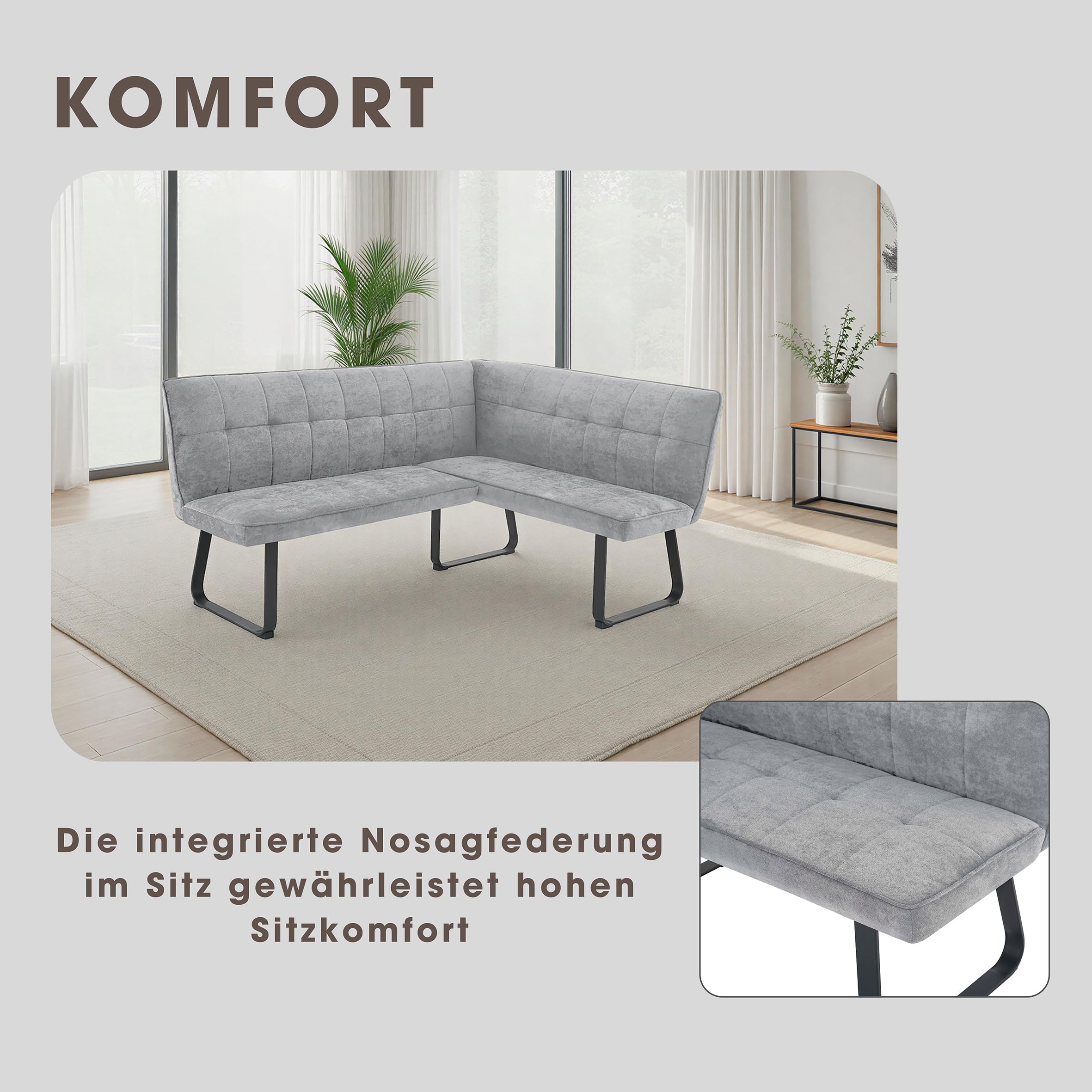byLIVING Eckbank TALEA, Webstoffbezug in hellgrau, Gestell schwarz, Essbank | Eckbank in L-Form, langer Schenkel links, Nosagfederung, Sitzbank, 168 x 128, H 93,5 cm