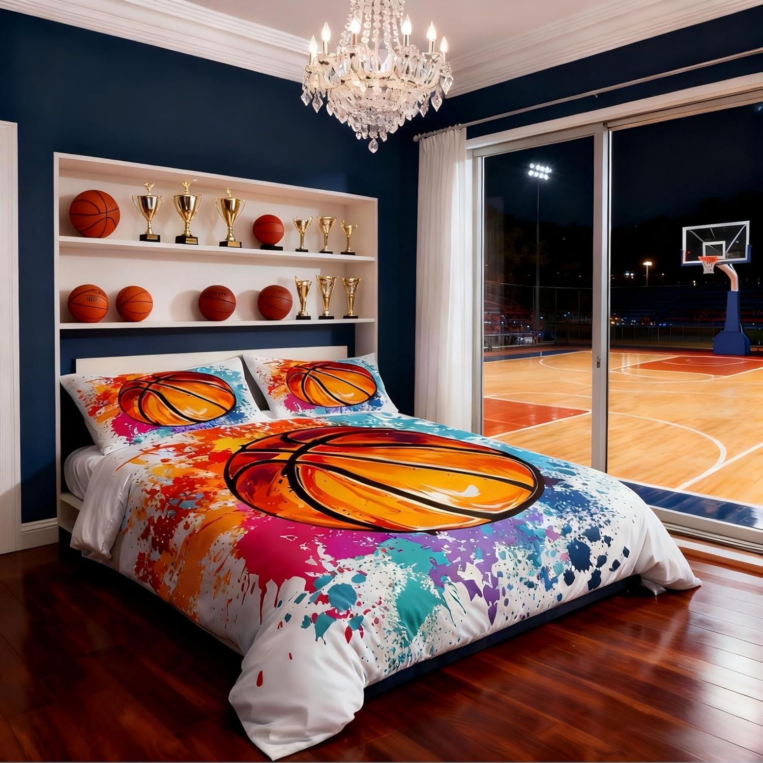 Basketball Print Duvet Cover Set,Kids Watercolor Tie-dye Bedding Set Queen Size,Sports Gaming Comforter Cover for Teen Boys Girls Adult,Colorful Graffiti Hip Hop Quilt Cover with 2 Pillow Cases