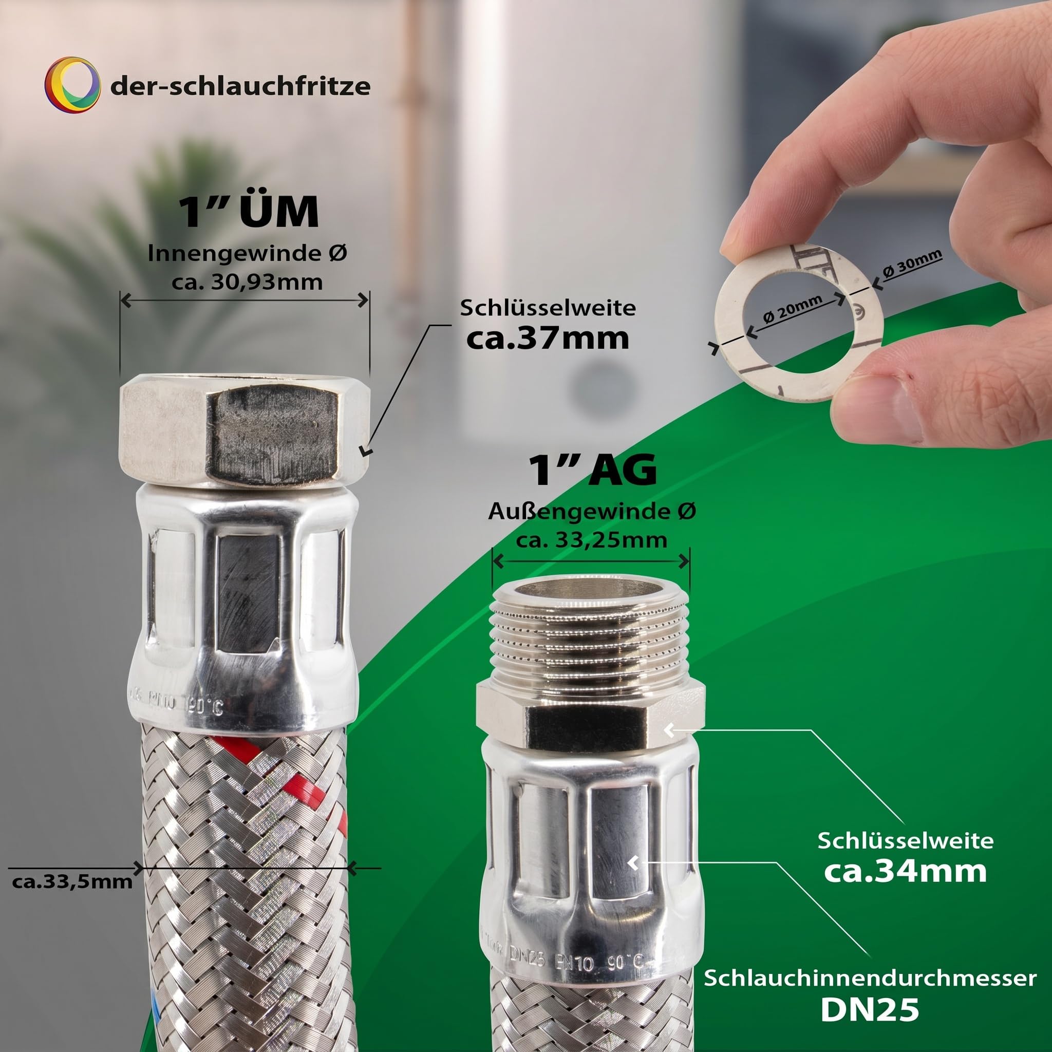 H2O-Flex® Panzerschlauch DN25 Flexschlauch1 zoll ÜM x 1 zoll AG Heizungsschlauch Nutzwasserschlauch für die Heizungsinstallation Hauswasserwerk PN10 Pumpenschlauch Solarschlauch