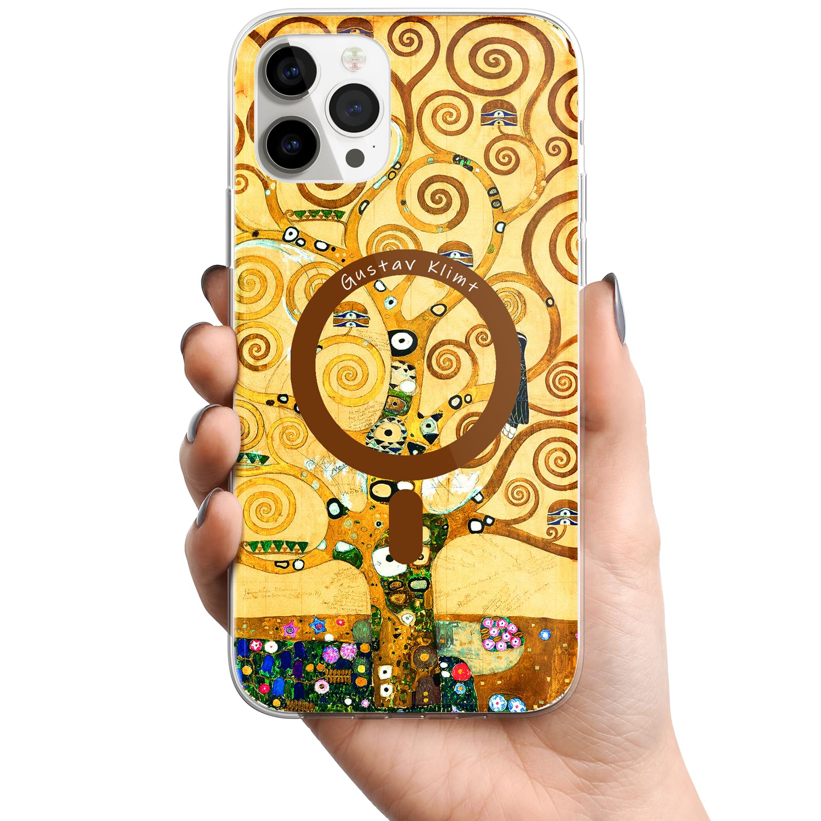 Berkin ArtsCompatible with iPhone 15 Pro Max Case Clear Transparent Cover [Compatible with Magsafe], Khaki Aesthetic Fancy Blooming(Tree of Life by Klimt)