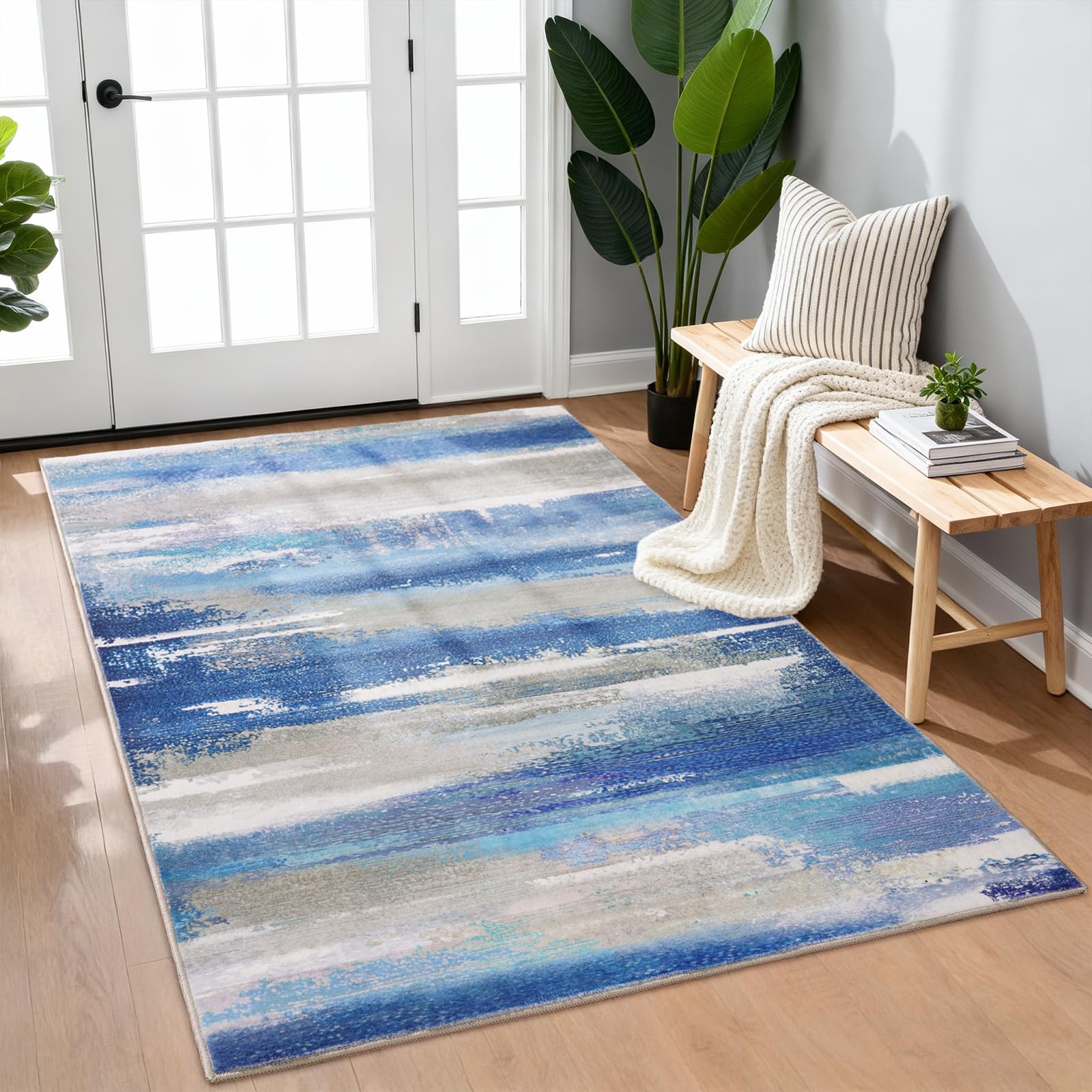 Washable Rugs for Bedroom 80x150cm Blue & Beige Modern Abstract Carpet — image 1