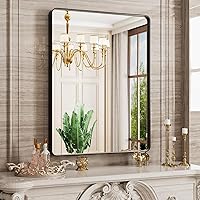 Vista 45 de Espejo de baño negro de 20x30 pulgadas con marco de metal negro, espejo de tocador rectangular redondeado con acabado mate para pared, con vidrio