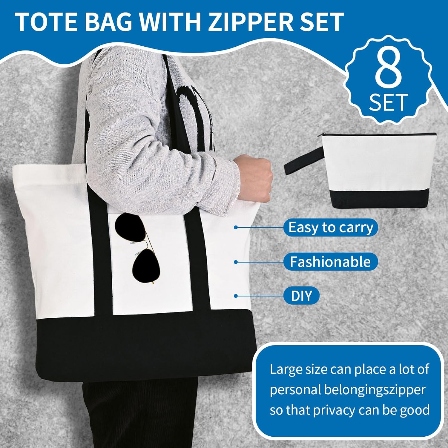 16 Pcs Canvas Tote Bags Bulk and Makeup Pouches Set, 12oz Cotton Reusable Zippered Grocery Bags with Handles, DIY Sublimation, Christmas Craft, Beach & Travel with External Pocket (Women & Men) - Image 4