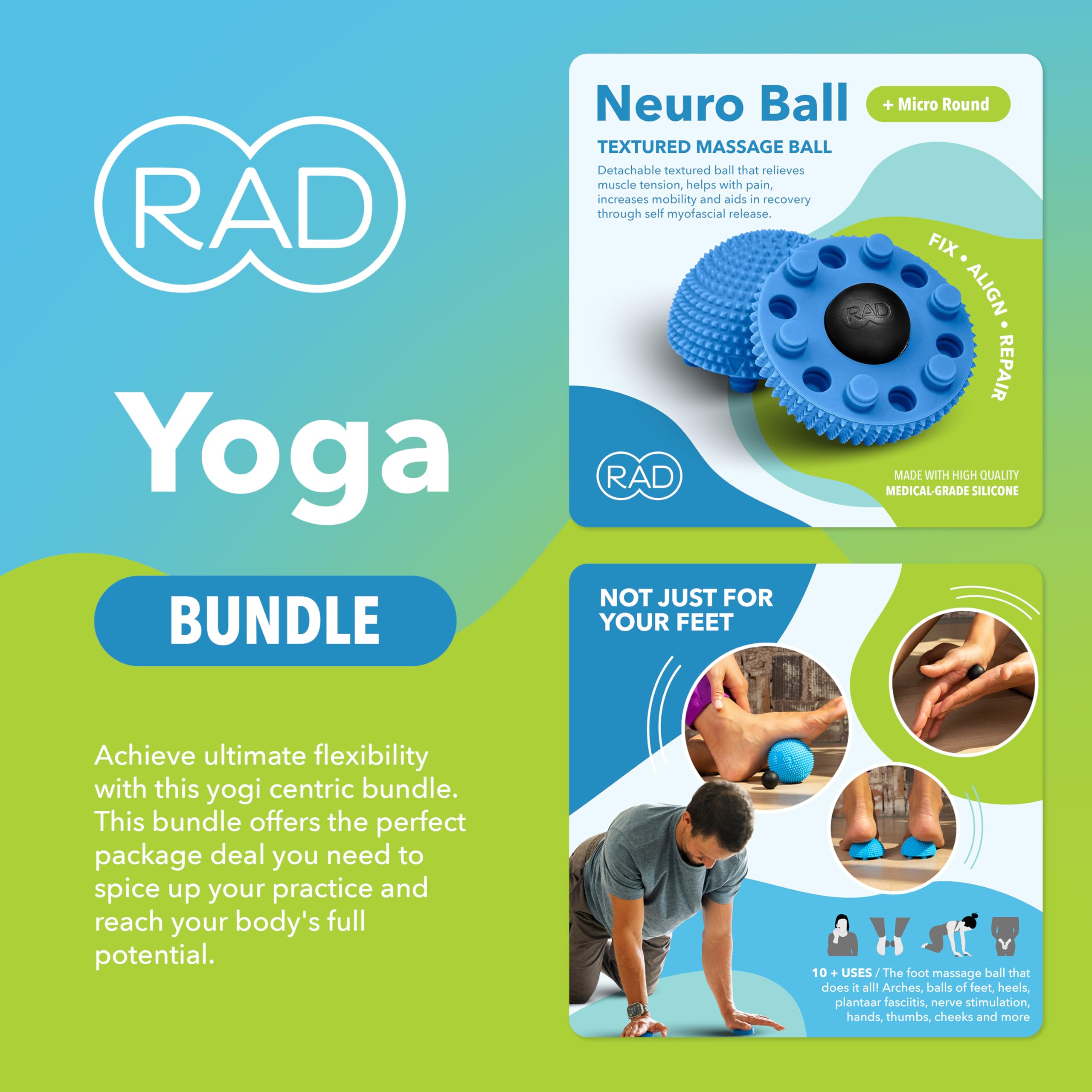 RAD Yoga-Bundle für myofasziale Entspannung, Muskelerholung & Entspannung - Enthält Mehrzweck-Yoga-Block, Neuroball-Fußrolle, Erdnuss- und Massagebälle in mehreren Größen und Dichten