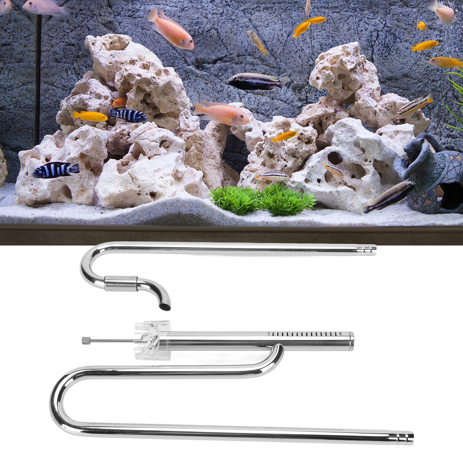 gernie Regolatore d'Acqua in Acciaio Inox Schiumatoio di Superficie in Metallo con 2 Supporti in Acrilico per Acquario piantumato, Set di Tubi di afflusso e deflusso (16 mm/0,63 Pollici)