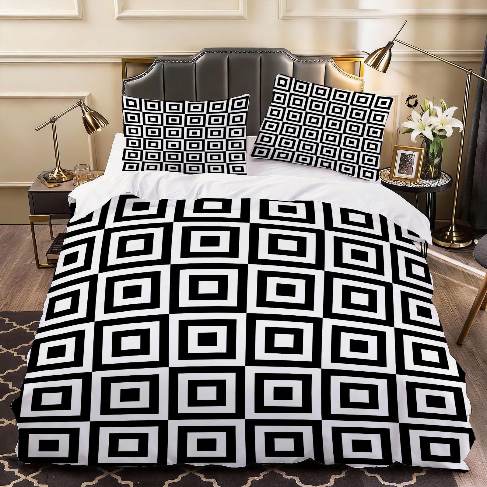 3D Geometric Creativity Duvet Cover Gingham Bedding Super King Bed Set, Soft Microfiber Comforter Cover Printed with Zipper Closure Quilt Coverr 260x220 cm and 2 Pillowcases