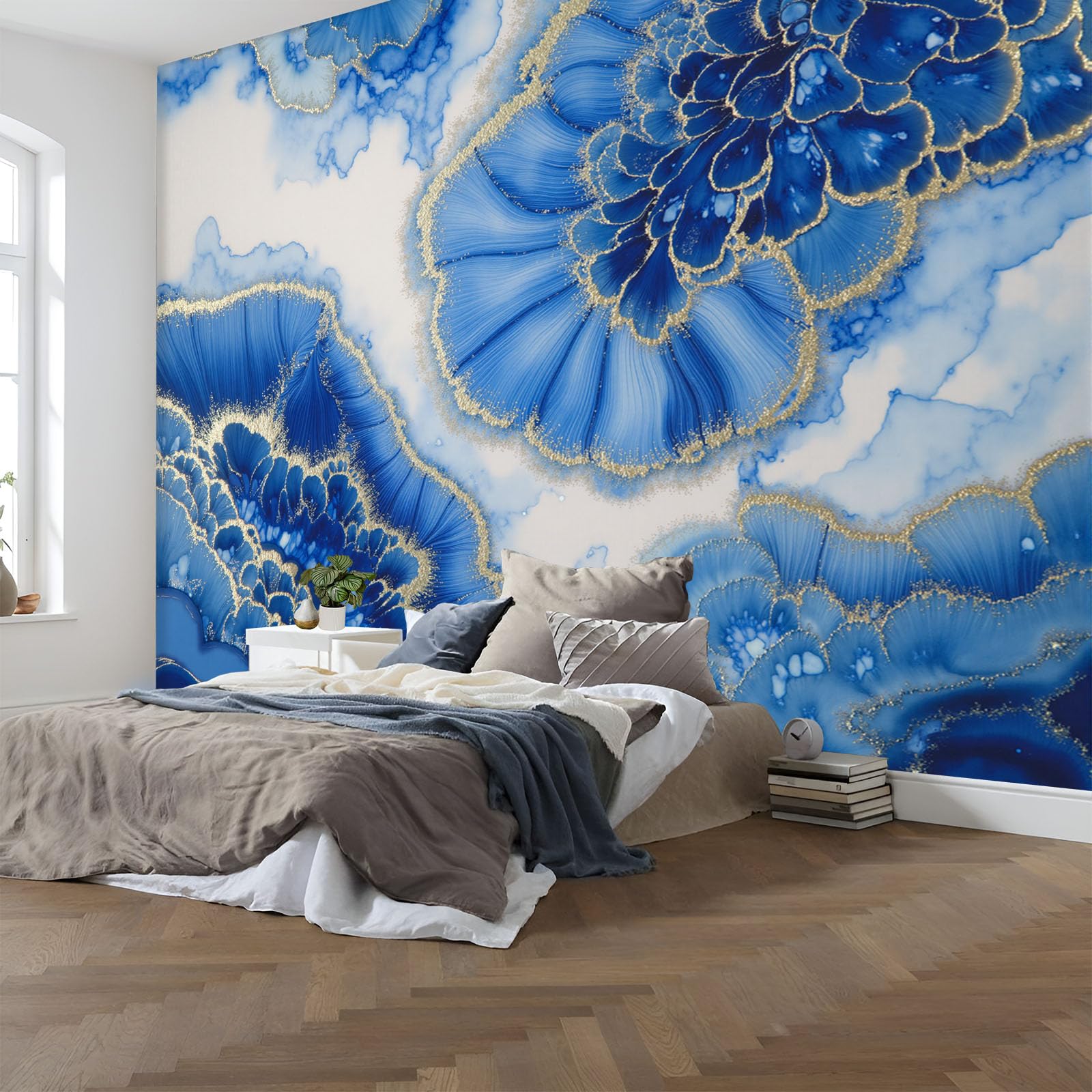 Papier peint panoramique bleu et blanc 350x256cm effet marbre abstrait pour salon