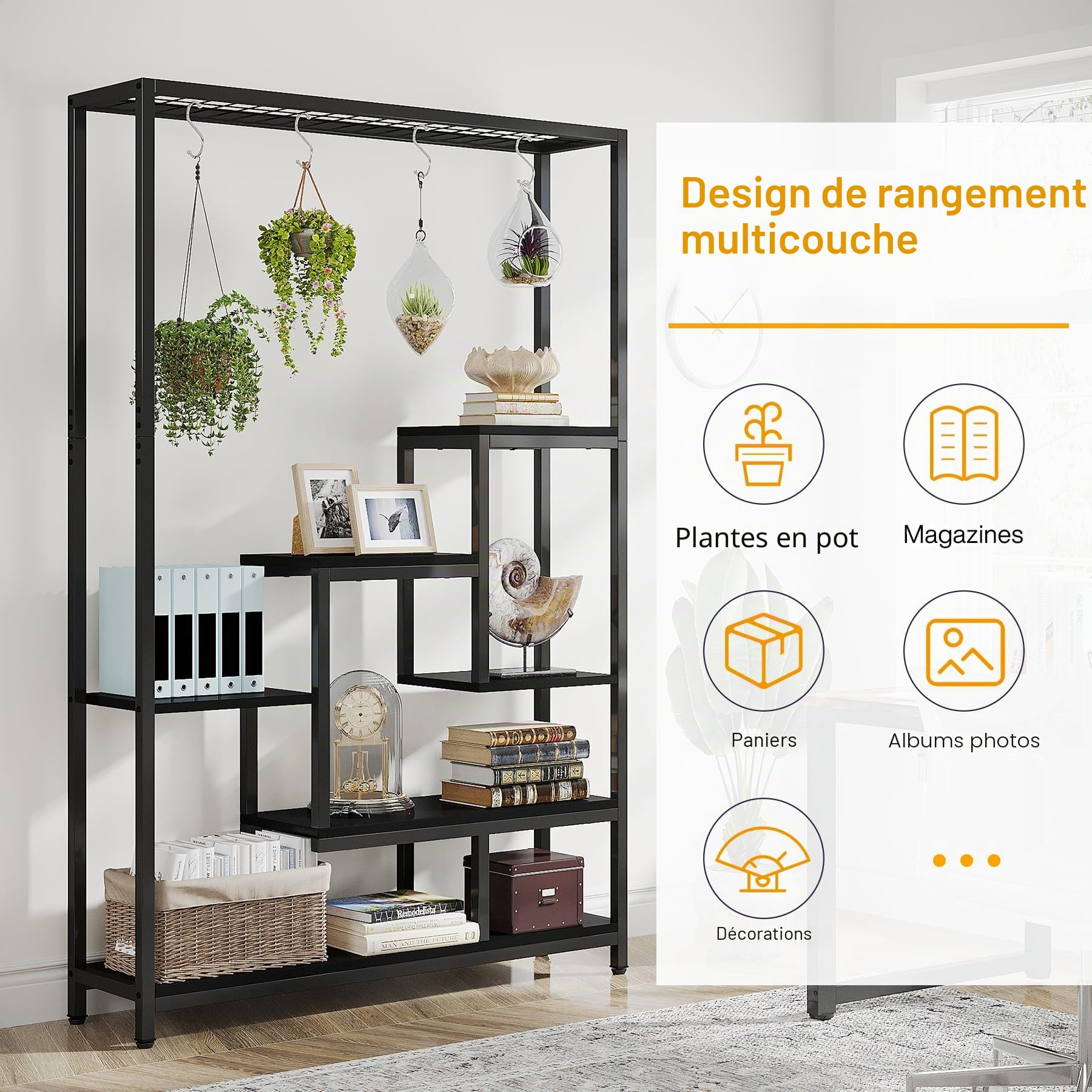 Tribesigns Support pour plantes d'intérieur à 5 niveaux - Grande étagère en métal de 180,1 cm avec 10 crochets de suspension en S - Multifonction - Pour intérieur, jardin, balcon, salon - Noir
