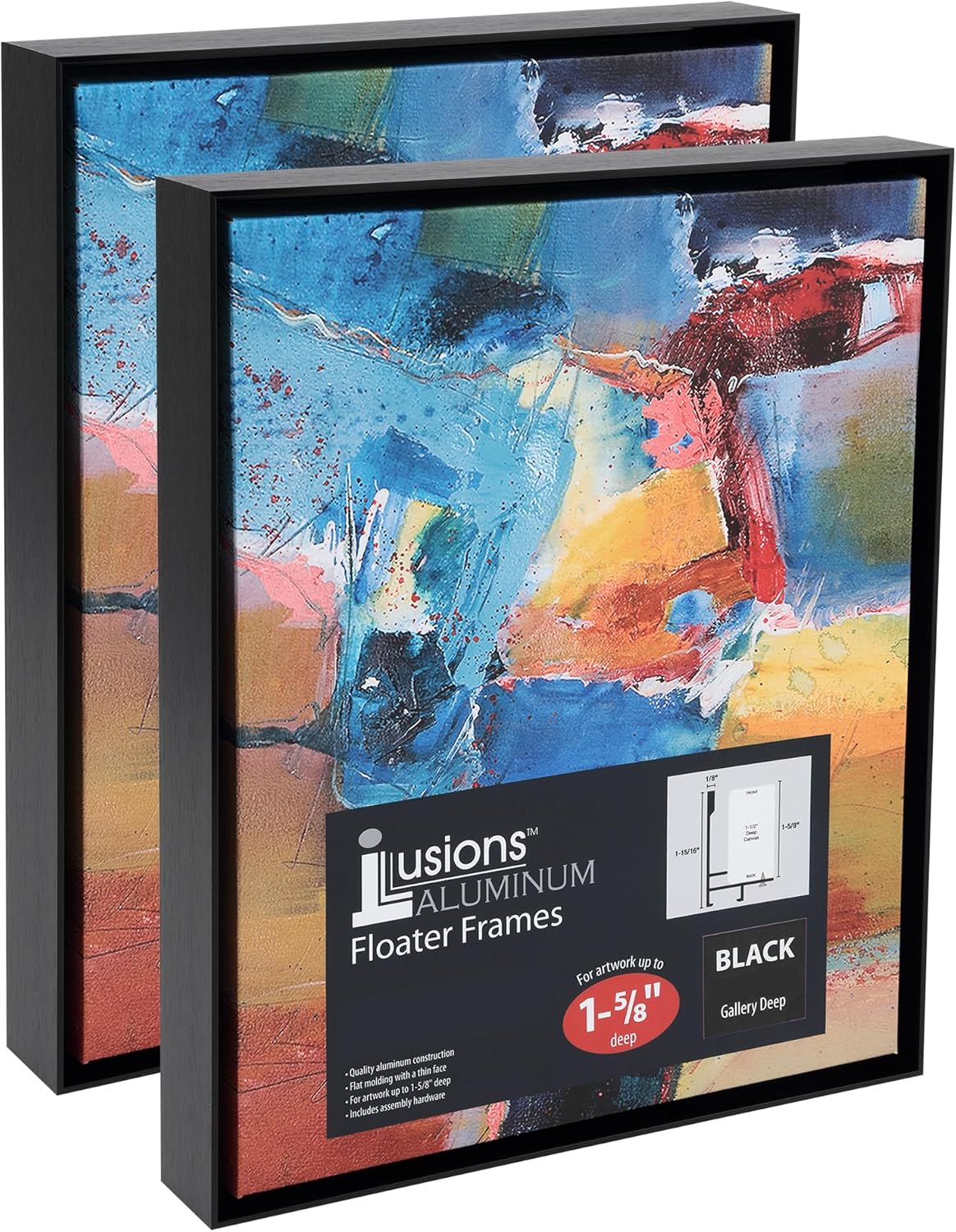 Creative Mark Illusions Aluminum Floater Frames 1-5/8" 2 Pack, 16x20" Black - Canvas Floater Frames with Sleek Metal Exterior, Flat Molding & Assembly Hardware for Artists, Professionals, Galleries