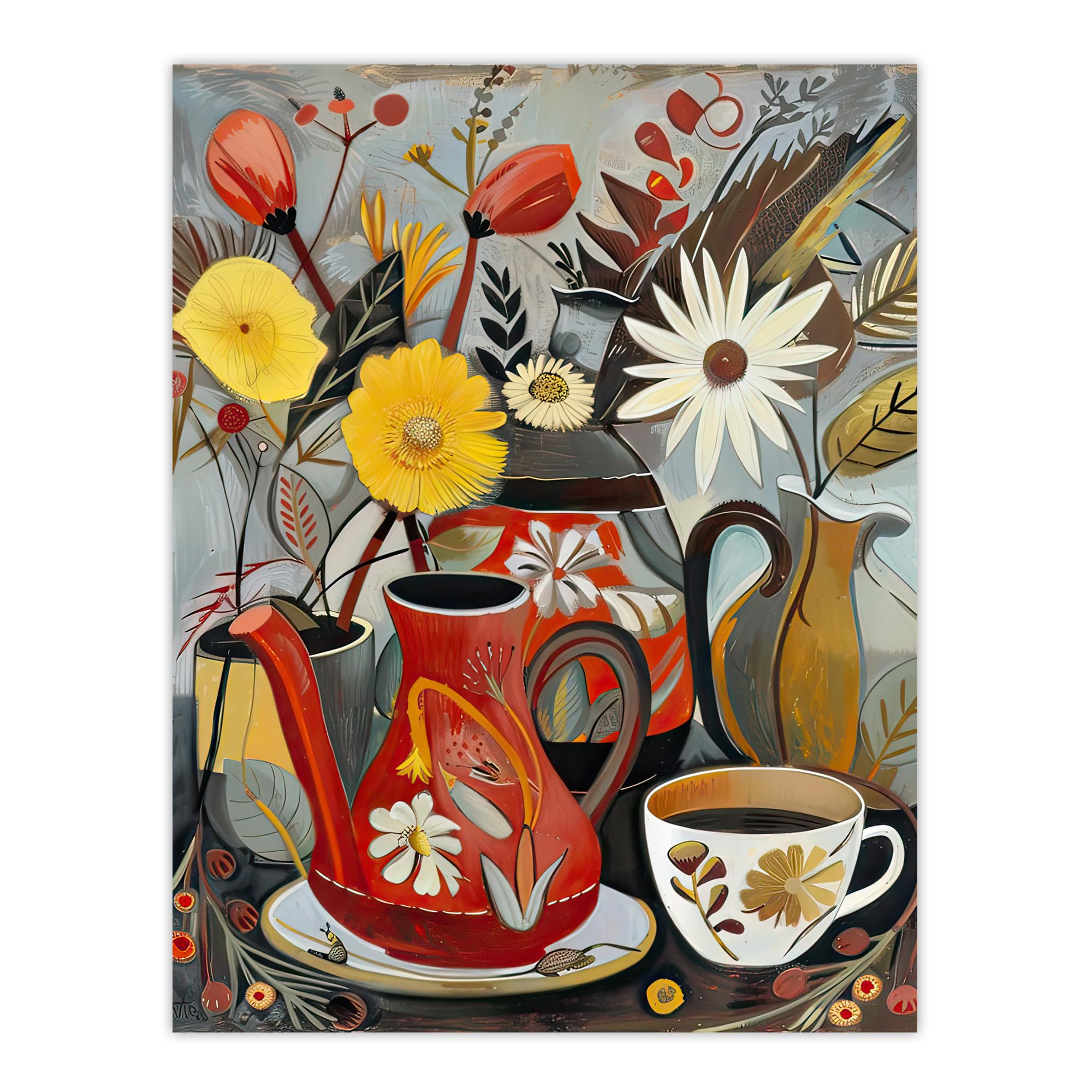 Artery8 Coffee Pot Cup Wildflower Bouquet Vase Painting Kitchen Large Wall Art Poster Print Thick Paper 18X24 Inch