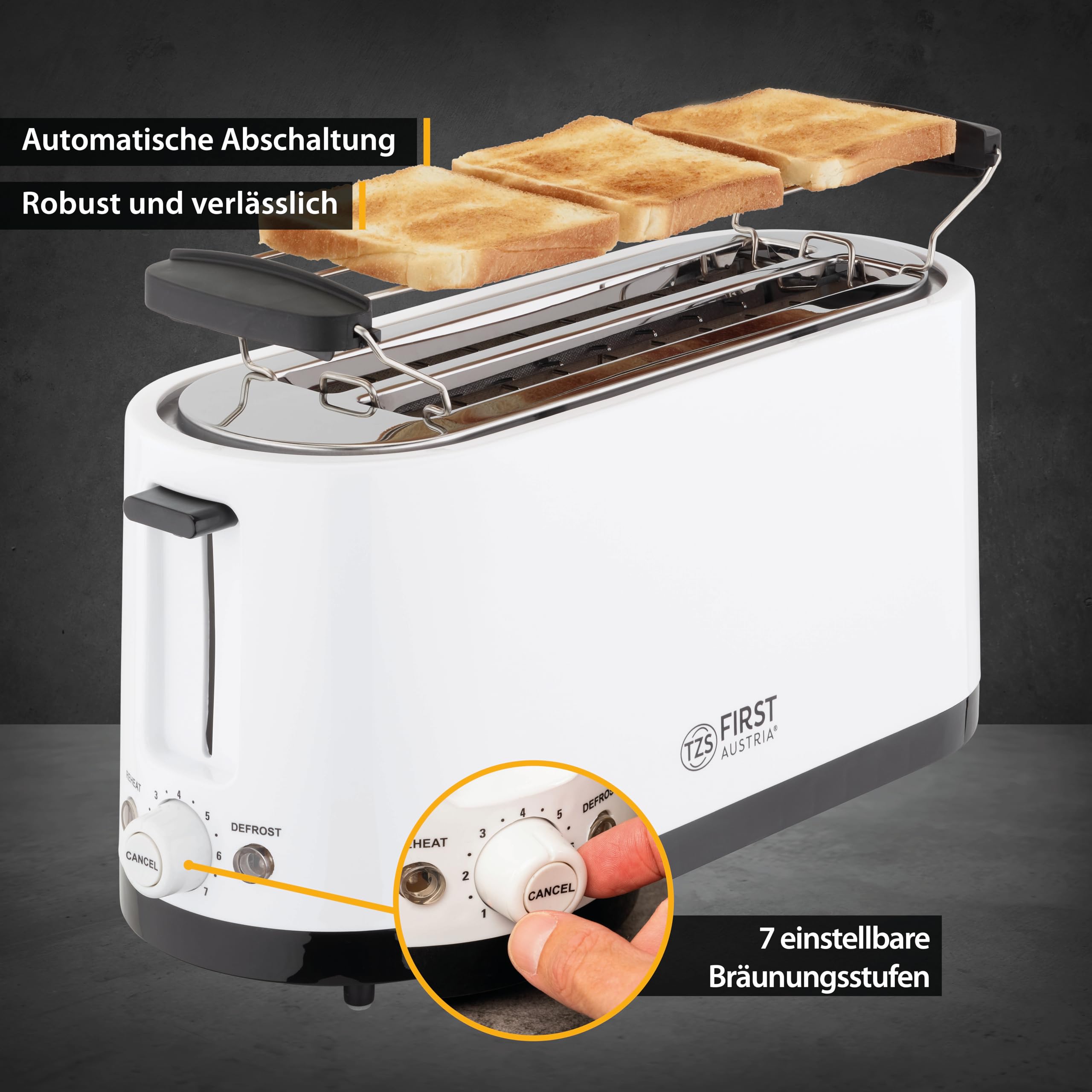 TZS First Austria - Toaster 4 Scheiben Langschlitz 1400W mit Krümelschublade | Brötchenaufsatz | wärmeisoliertes Gehäuse, Temperatureinstellung, Edelstahlgehäuse, Auftaufunktion, Brotzentrierung