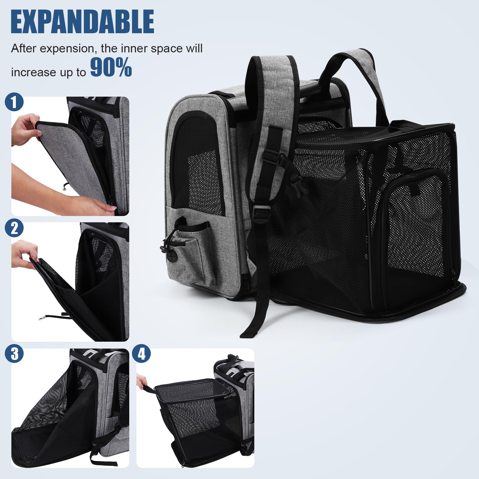 Sac Transport Chat,Sac à Dos Extensible pour Chat pour Chien jusqu'à 8 kg-avec Laisse de sécurité intérieure et Tapis pour Animaux de Compagnie-Sac de Transport pour Chat (Max.8KG)