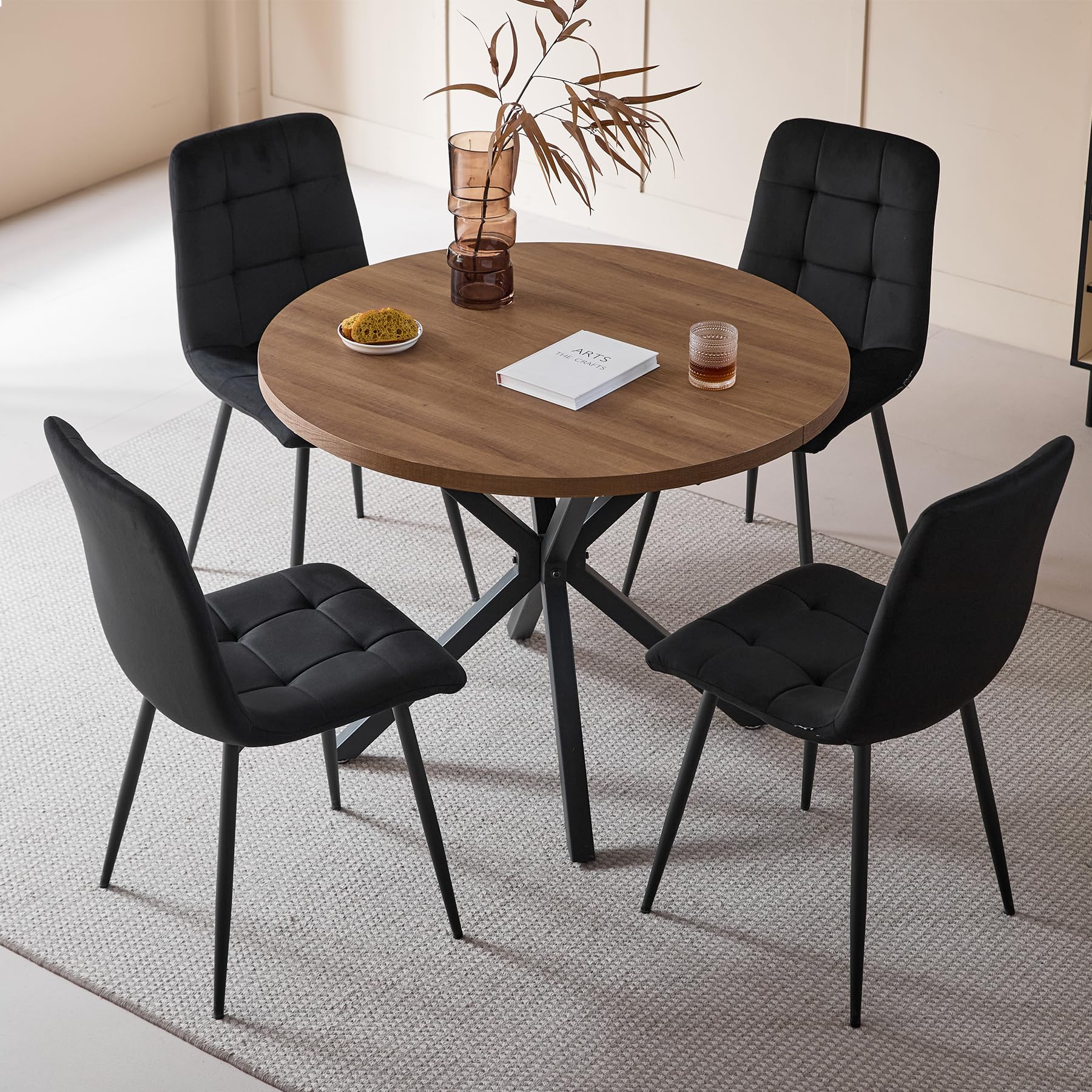 Set Sala da Pranzo, Tavolo da Pranzo Rotondo 100cm con 4 Sedia da Pranzo Imbottita in Vello Olandese, Ideale per Cucina, Soggiorno, Sala da Pranzo (Legno Scuro+Nero (Vello Olandese))