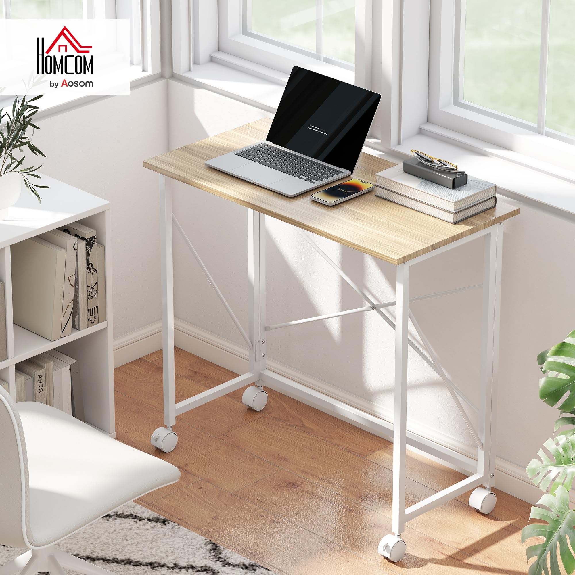 HOMCOM Escritorio Plegable con Ruedas Compacta Casa 80x40x75 cm Natural | Mesa Escritorio Compacta, Mesa de Ordenador Portátil, para Oficina, Espacios Pequeños