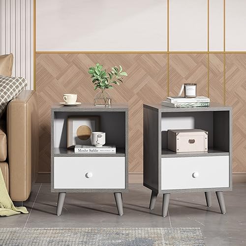 JAXPETY Juego de 2 mesitas de noche, mesita de noche con cajón y estante de almacenamiento abierto, mesitas de noche con patas de madera maciza,