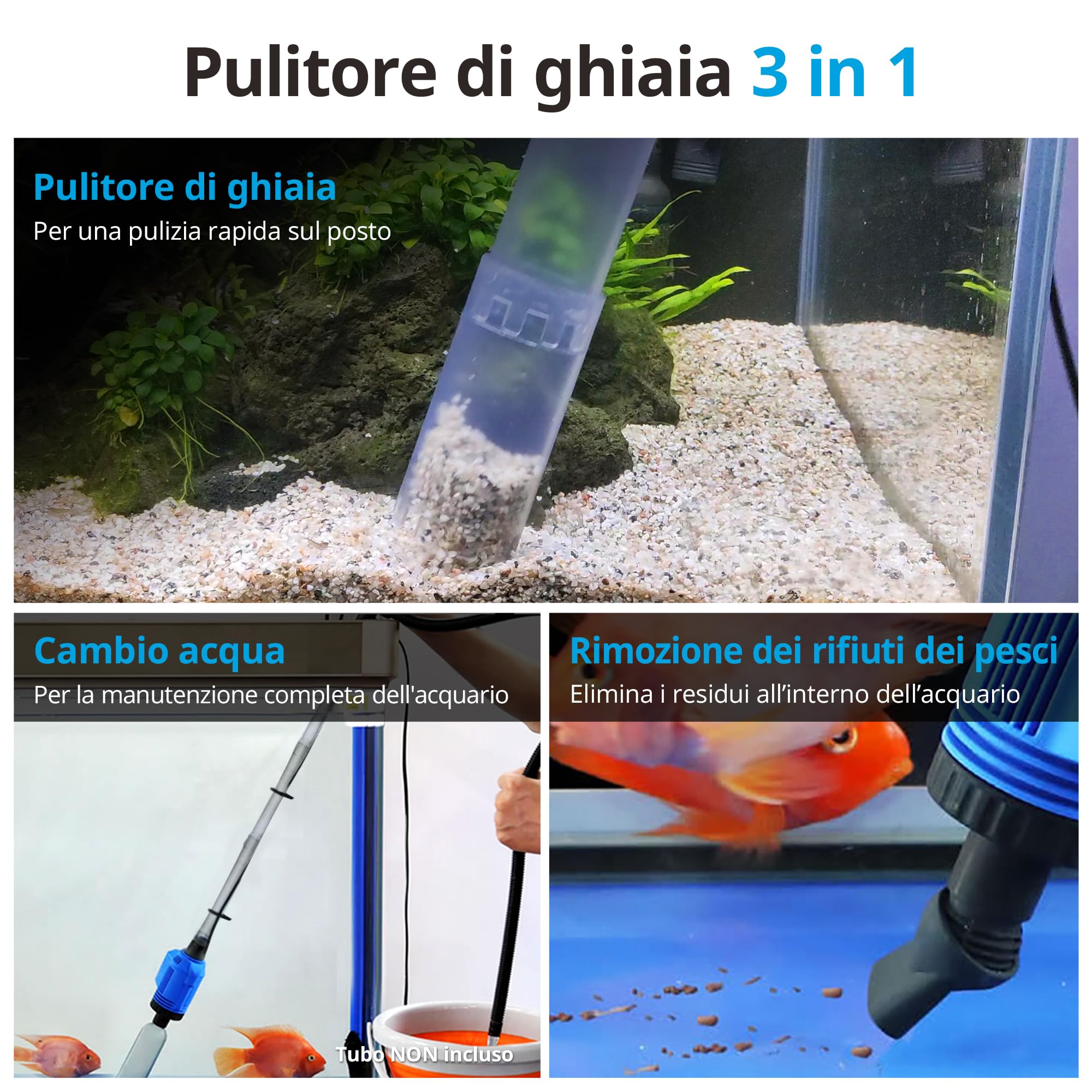 NICREW 3 in 1 Pulizia Acquario Multifunzionale, Sifone per Ghiaia con Filtro in Spugna, Aspirapolvere per Acquario Medio e Grande, 800 L/H, 16 W