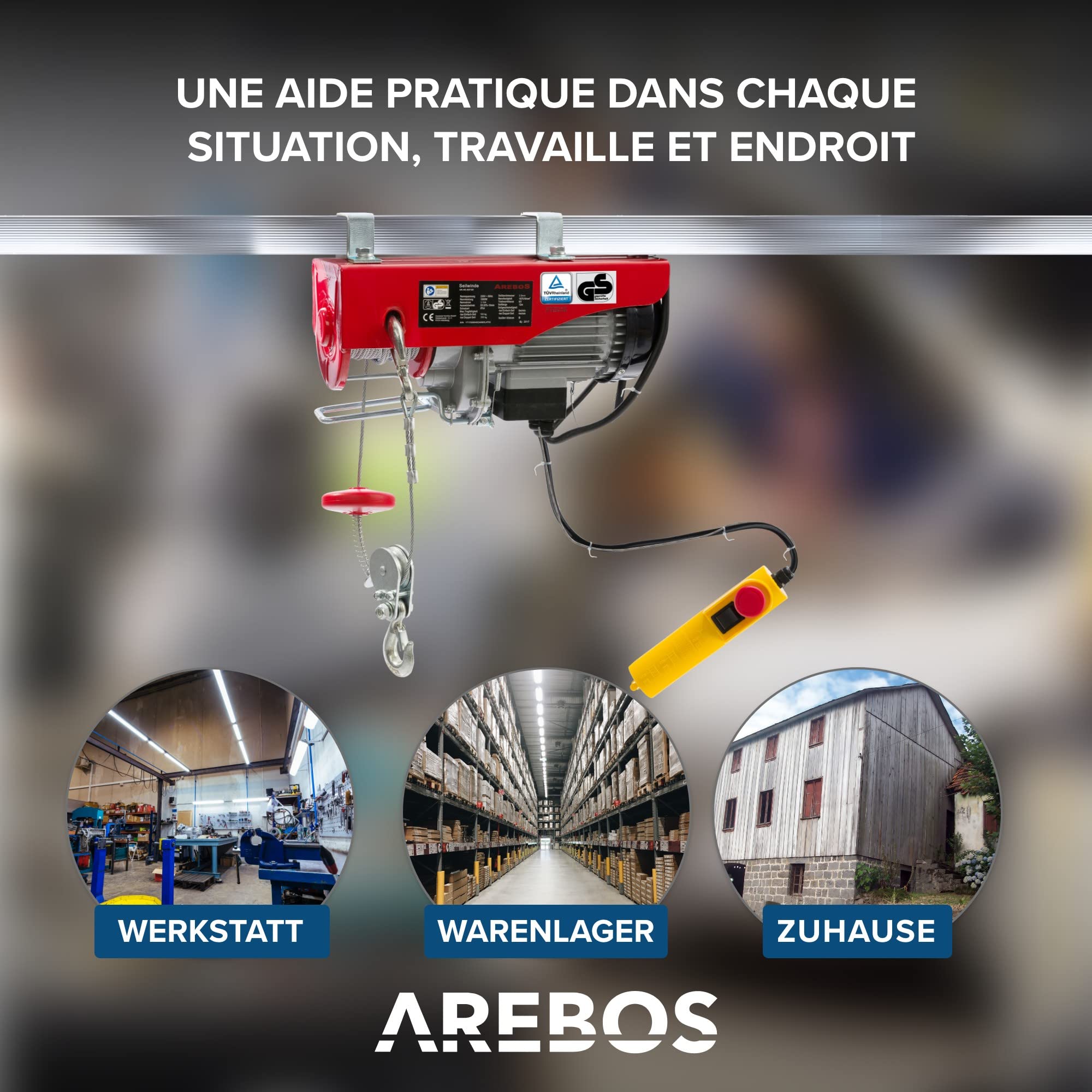 Arebos Treuil Palan électrique | 100/200KG | 500W | Treuil Palan à Chaine à Levier | Treuil palan à Ascenseur levage pour avec Télécommande, pour Chariot Élévateur, Entrepôts, Chantiers