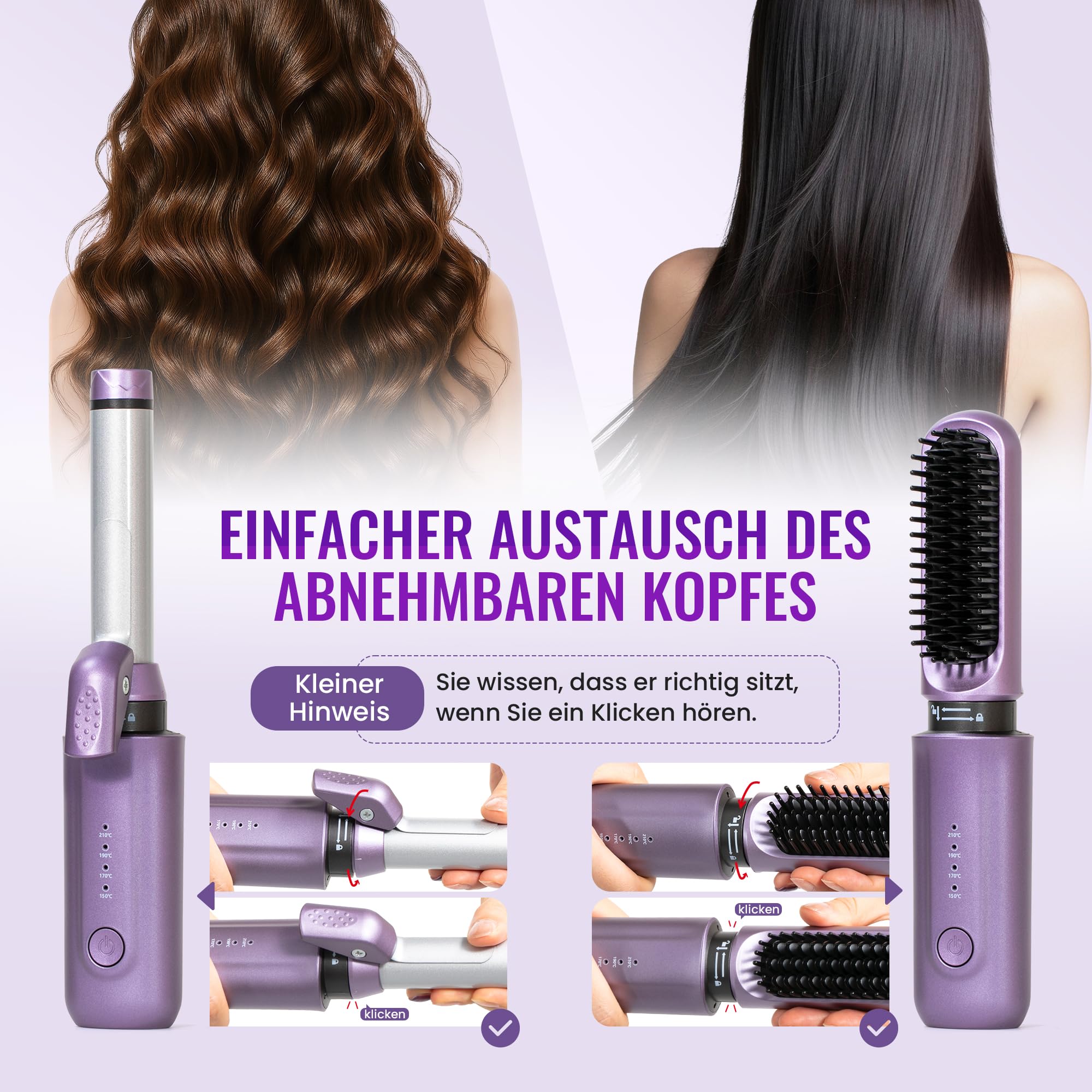 Cepillo para rizar y alisar inalámbrico 2 en 1, mini cepillo de viaje portátil para mujeres, color morado